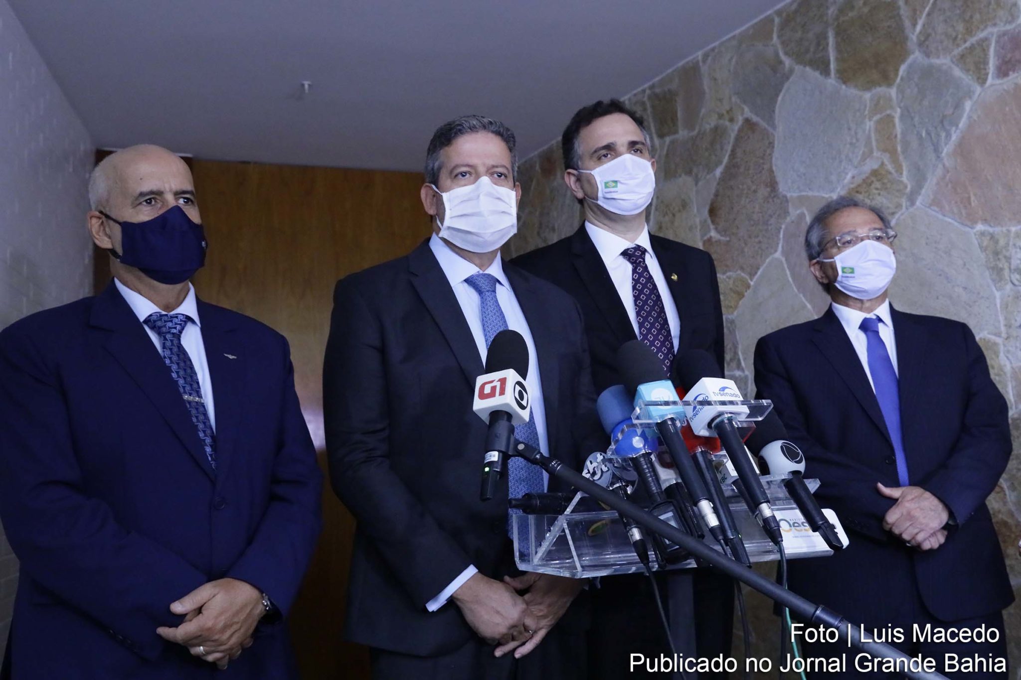 Secretaria de Governo, Luiz Eduardo Ramos, deputado Arthur Lira, senador Rodrigo Pacheco e ministro Paulo Guedes.