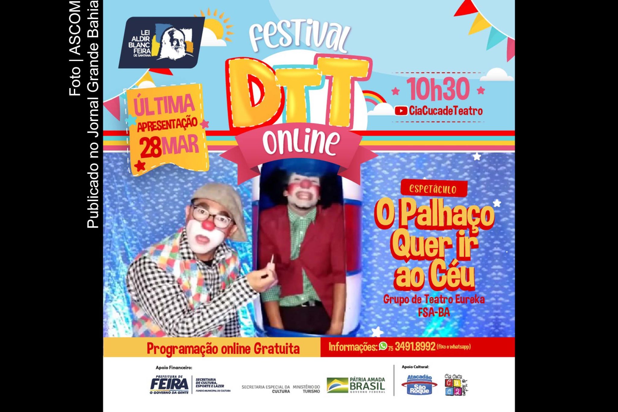 Cartaz anuncia espetáculo 'O Palhaço quer ir ao Céu'.