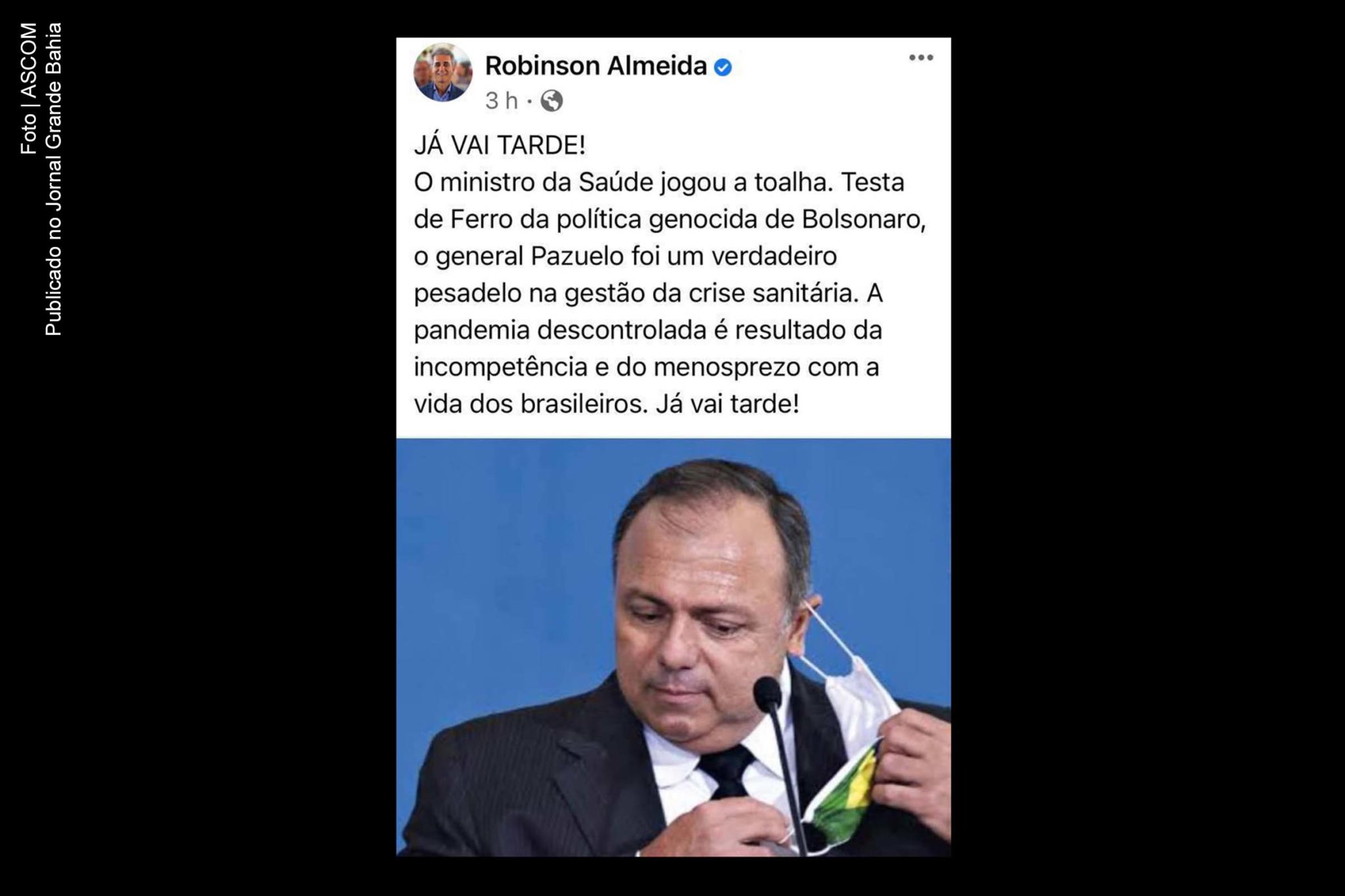 Deputado Robinson Almeida comenta pedido de demissão de Eduardo Pazuello do Ministério da Saúde.