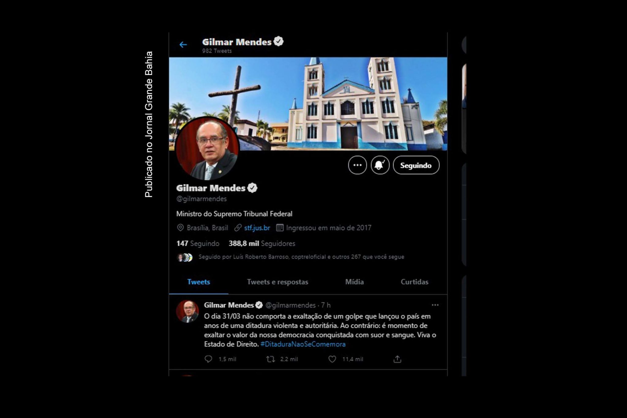 Gilmar Mendes: o dia 31/03 não comporta a exaltação de um golpe que lançou o país em anos de uma ditadura violenta e autoritária. Ao contrário: é momento de exaltar o valor da nossa democracia conquistada com suor e sangue. Viva o Estado de Direito. #DitaduraNaoSeComemora.