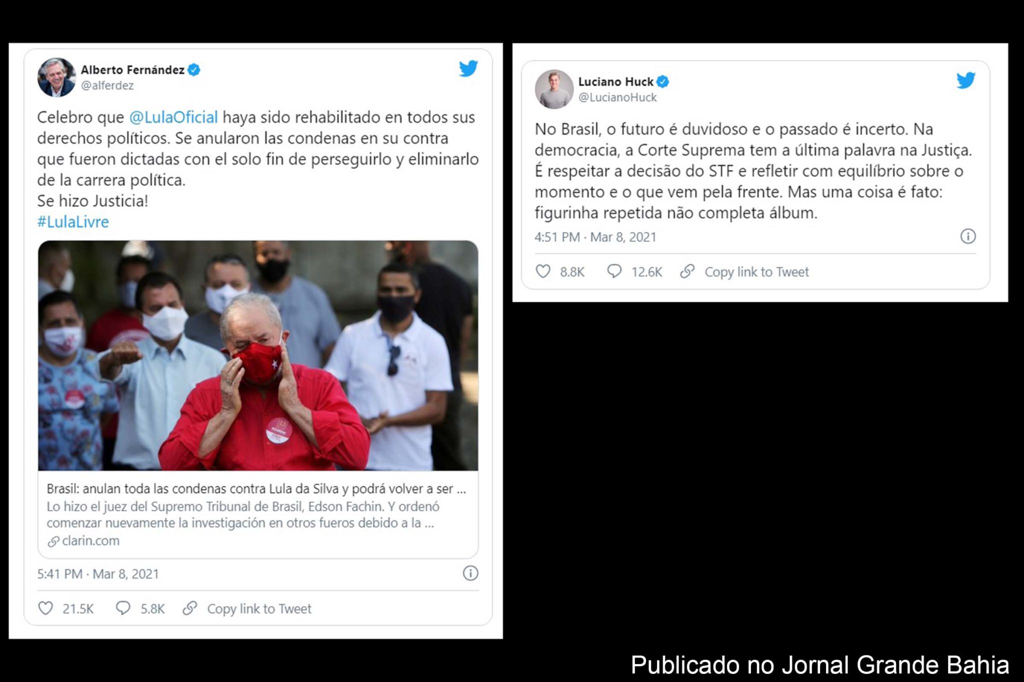 Presidente Alberto Fernández comemora regresso de Lula à disputa política nacional do Brasil. Ventríloquo dos interesses da Rede Globo, emissora apoiadora de dois Golpes de Estado, Luciano Huck criticou decisão do ministro do STF Edson Fachin. No esquema da Globo, o animador de auditório faria dupla com o ex-juiz federal usurpador.