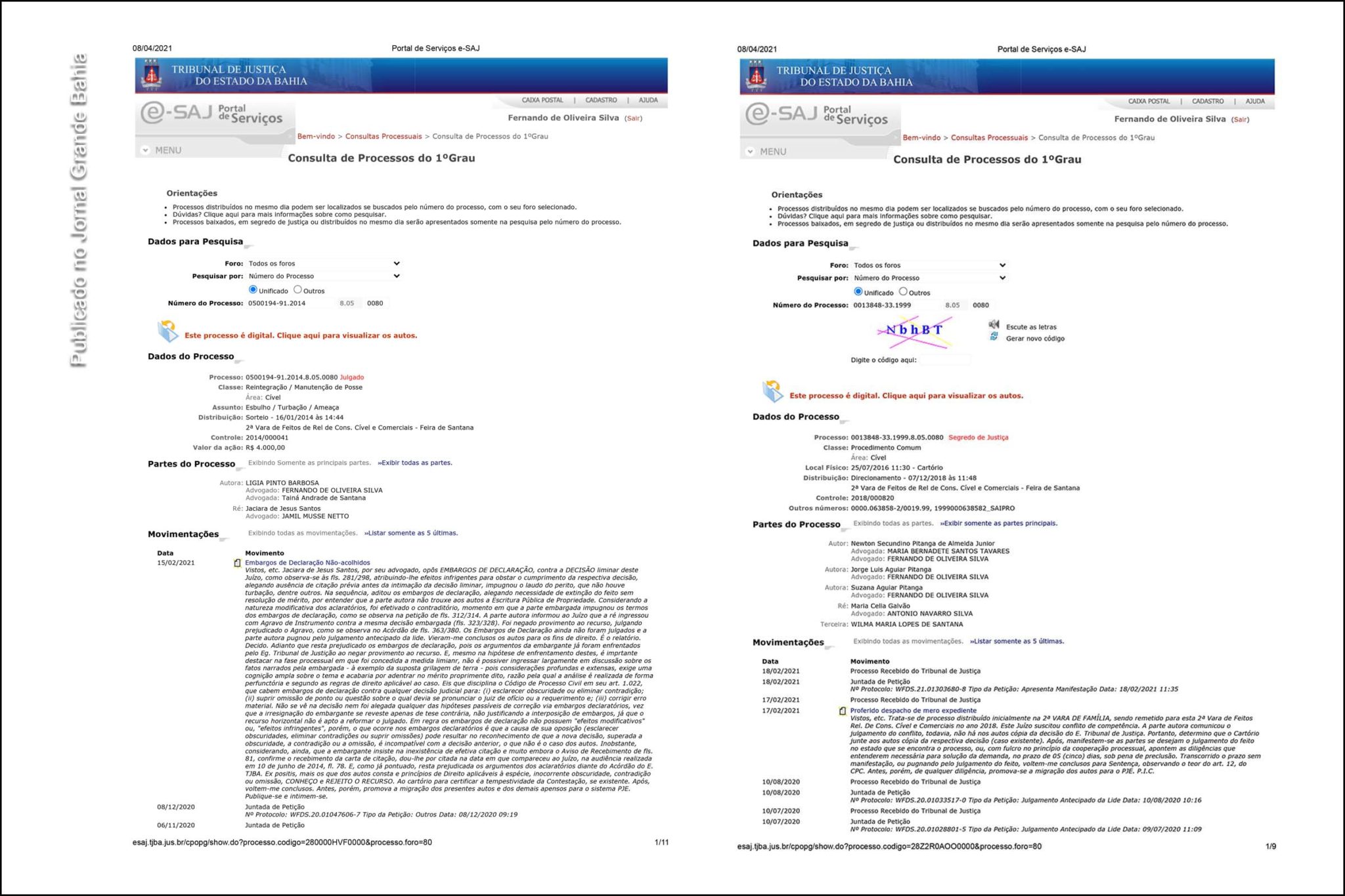 Documentos dos processos registram que os mesmos tramitam há anos sem resolução do juízo da 2ª Vara Cível da Comarca de Feira de Santana. Denúncia foi apresentada pelo advogado Alberto Daltro Coelho.