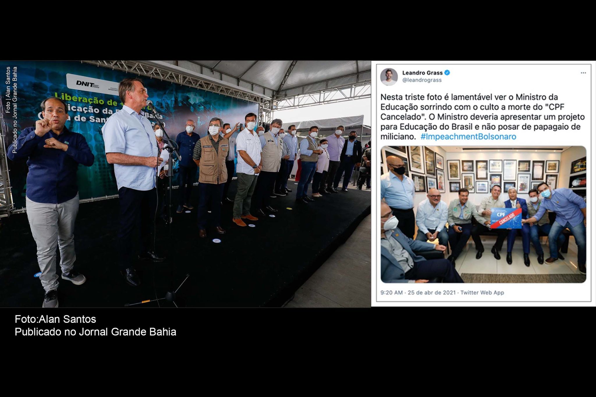 A repórter Driele Veiga, da TV Aratu, afiliada local do SBT, questionou o presidente sobre as críticas de que foi alvo após ter posado para uma foto em Manaus com o apresentador Sikêra Júnior, da RedeTV!, e uma placa onde estava escrito "CPF cancelado", que faz referência a pessoas que foram mortas.