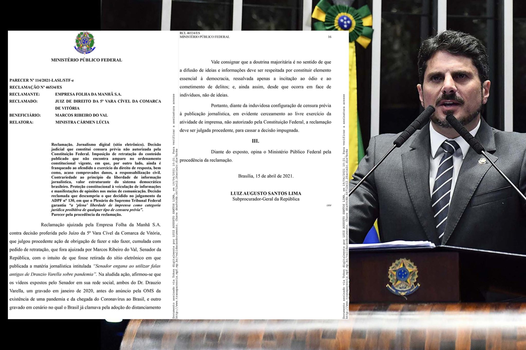 Proibir veiculação de matéria jornalística é censura e contraria Constituição e jurisprudência do STF, diz MPF; Órgão defende cassação de sentença que determinou retirada de matéria do site da Folha de S. Paulo que cita senador Marcos do Val
