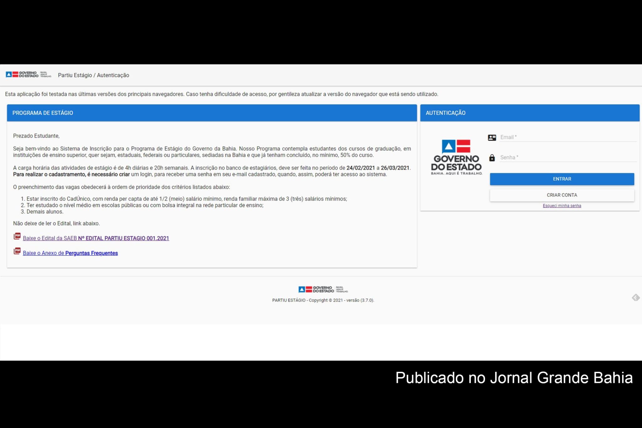 Reprodução de página na internet do Programa Partiu Estágio.