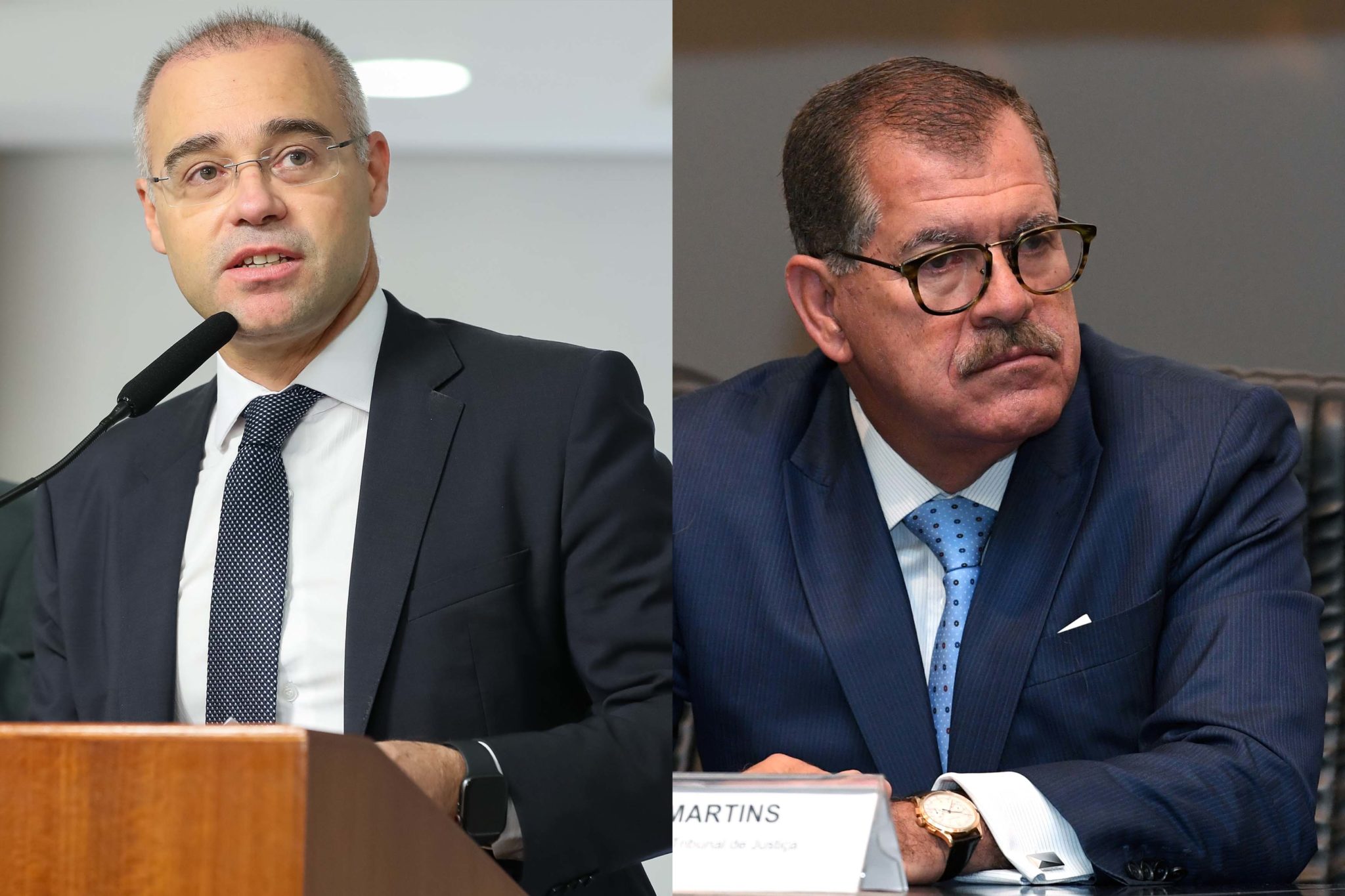 Advogado-geral da União André Mendonça e o ministro Humberto Martins, presidente do STJ. Senador Flávio Bolsonaro quer Humberto Martins, porém sua madrasta, Michelle Bolsonaro, prefere André Mendonça.