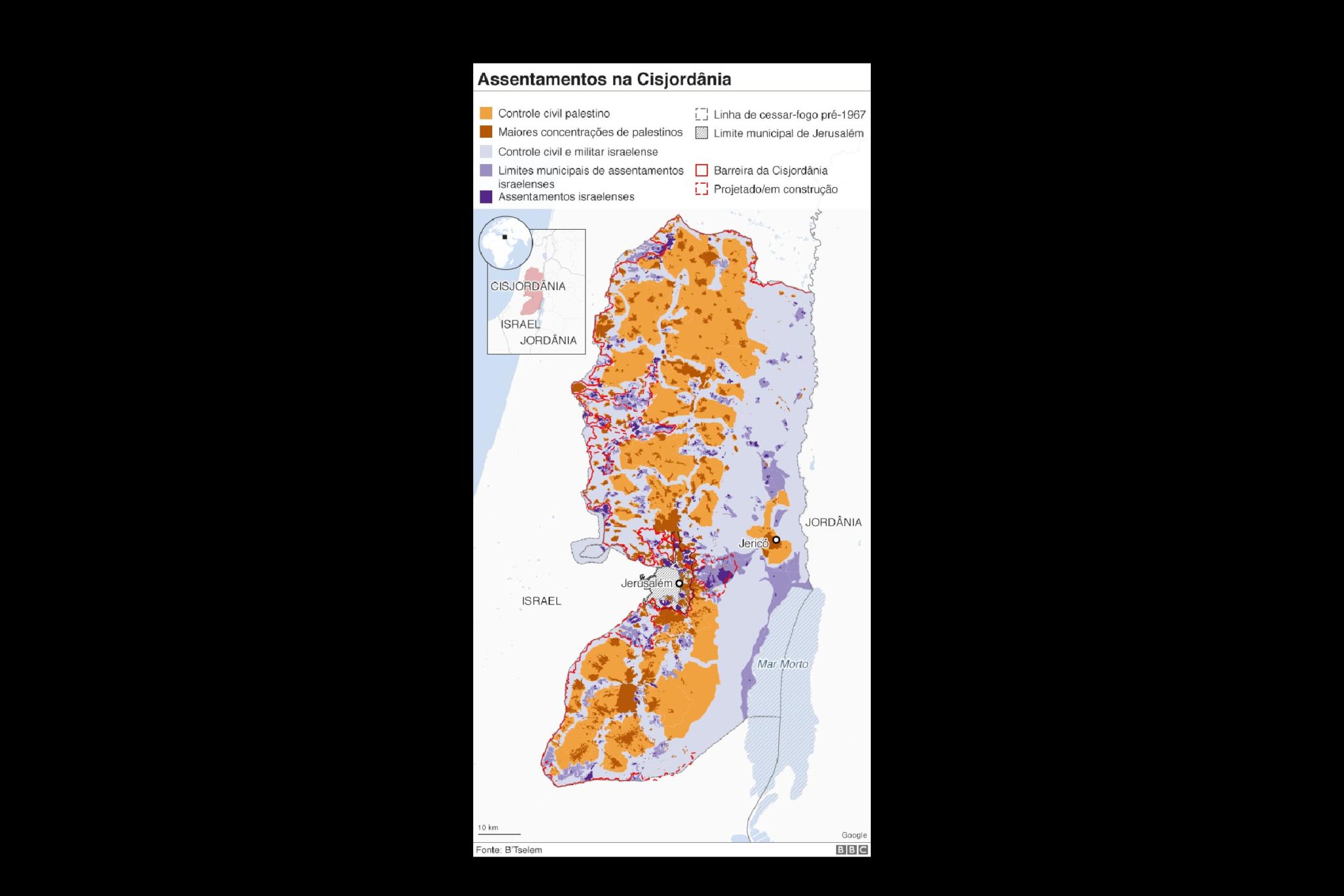 Mapa apresenta locais ocupados de palestinos em territórios da Cisjordânia. A ideia de criar dois Estados, um palestino e um israelense, na região da Palestina histórica é praticamente tão antiga quanto o conflito em si. Sua implementação parece cada vez mais distante. 
