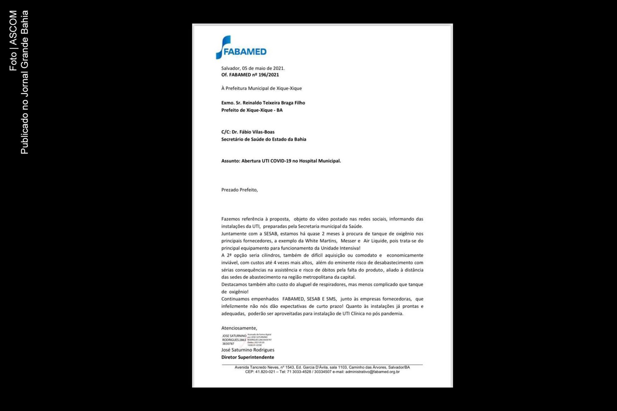 Nota da Fabamed esclarece situação da falta de oxigênio para operação do Hospital de Campanha de Xique-Xique.
