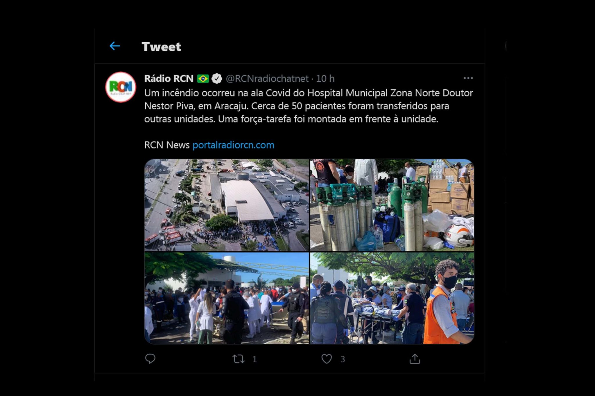 Radio RCN relata, no Twitter, que um incêndio ocorreu na ala Covid-19 do Hospital Municipal Zona Norte Doutor Nestor Piva, em Aracaju. Cerca de 50 pacientes foram transferidos para outras unidades. Uma força-tarefa foi montada em frente à unidade.