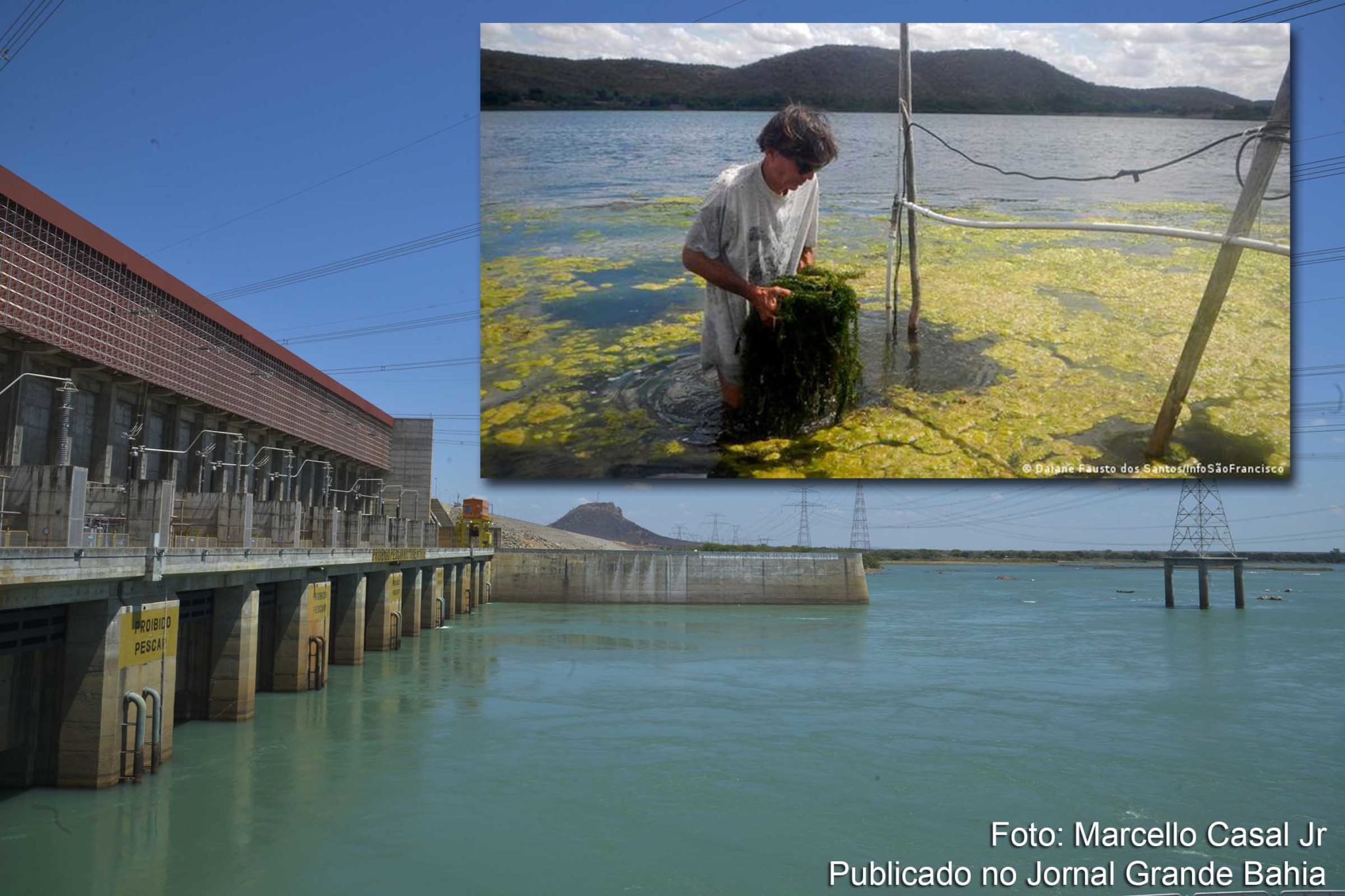Vista da Barragem e do Lago de Sobradinho, responsáveis por represar o rio São Francisco. Água acumulada em reservatórios do rio São Francisc para gerar energia compromete população ribeirinha próxima à foz e ameaça ecossistemas. Problemas relatados vão da redução da quantidade de peixes a acúmulo de lodo. Morador retira algas do São Francisco em local onde há captação de água para consumo: "O rio não tem mais força".