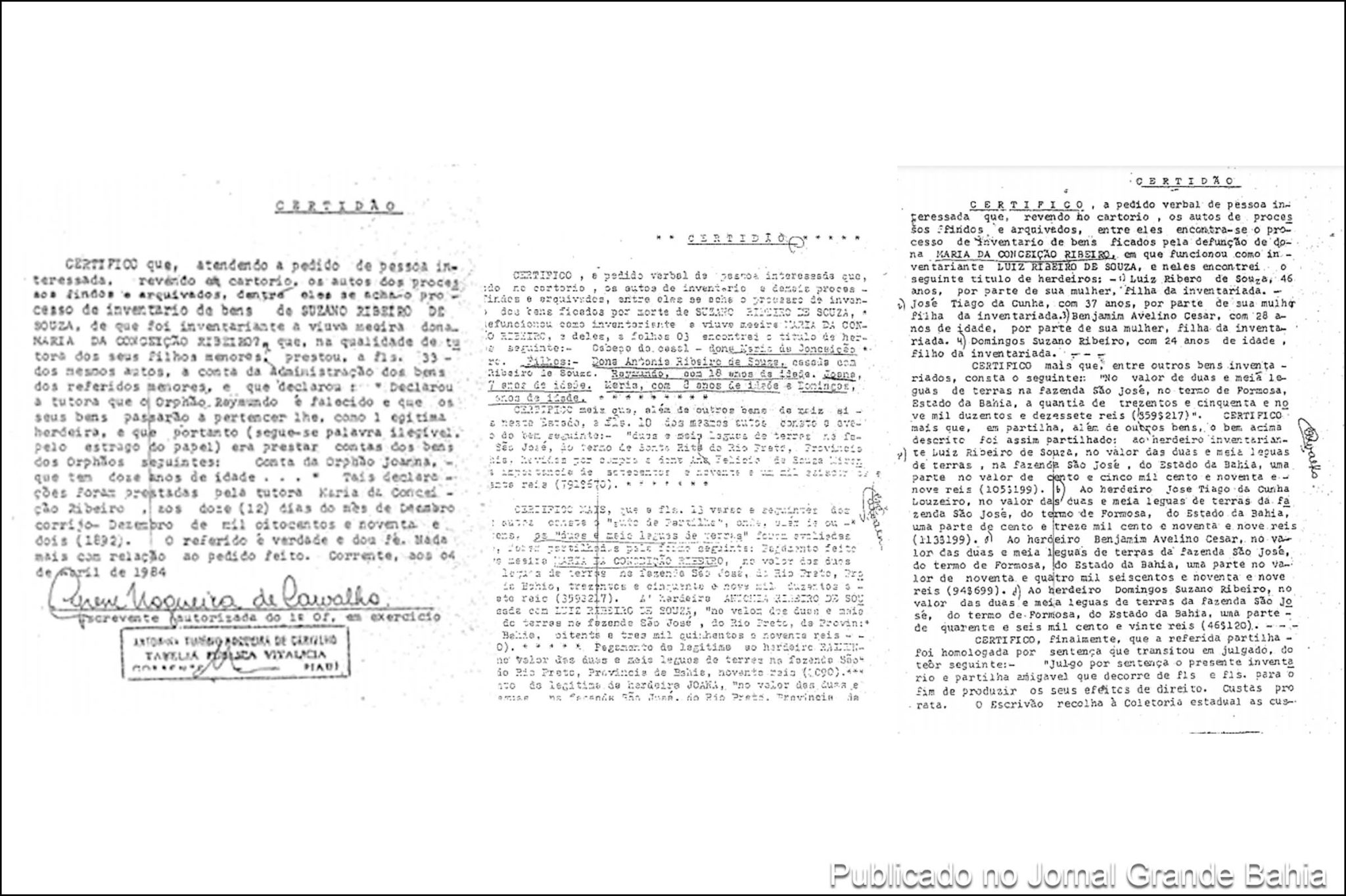 Documentos comprovam que, em 15 de janeiro de 1870, ocorreu a aquisição das terras por Suzano Ribeiro de Souza e que depois foi efetuada a partilha para a viúva e os filhos e filhas.