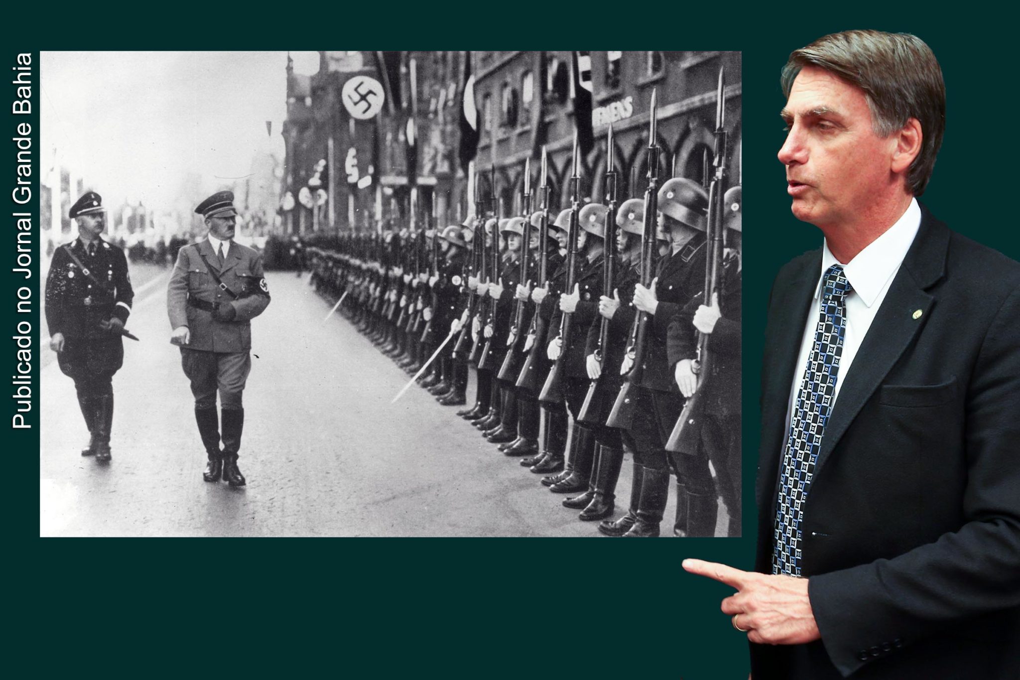 Extremistas de direita Adolf Hitler, líder da Alemanha Nazista e Jair Bolsonaro, presidente do Brasil.