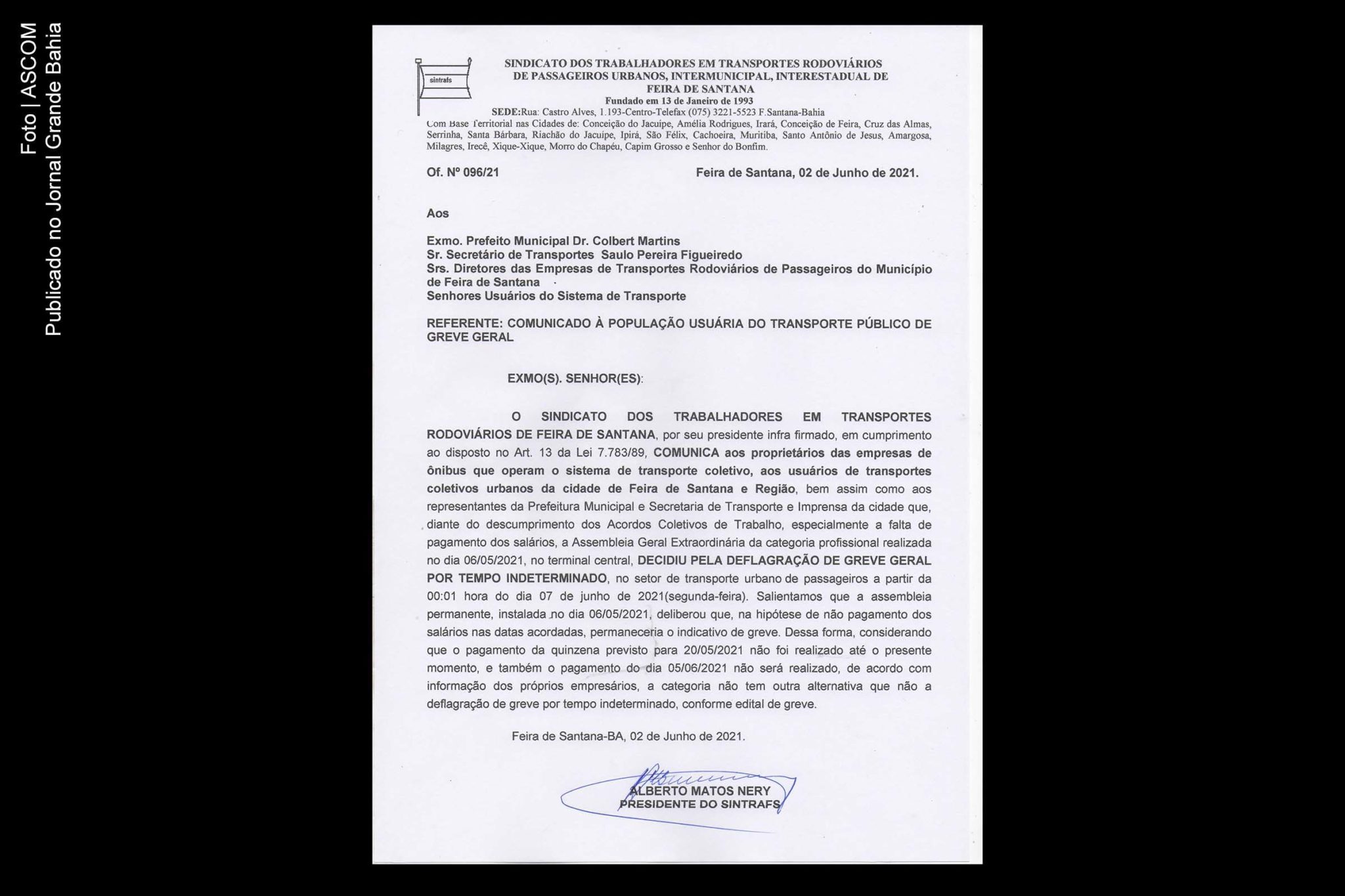 Trabalhadores do transporte rodoviário de Feira de Santana comunicam data do início da greve.