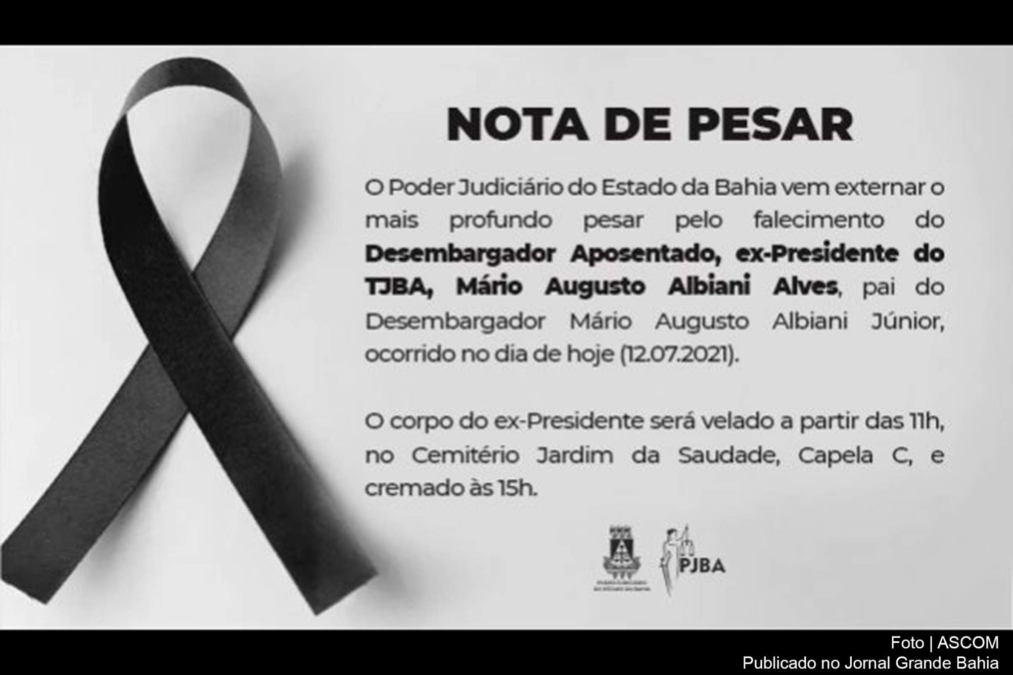 Poder Judiciário emite nota em memória do desembargador aposentado Mário Augusto Albiani Alves, ex-presidente do TJBA.