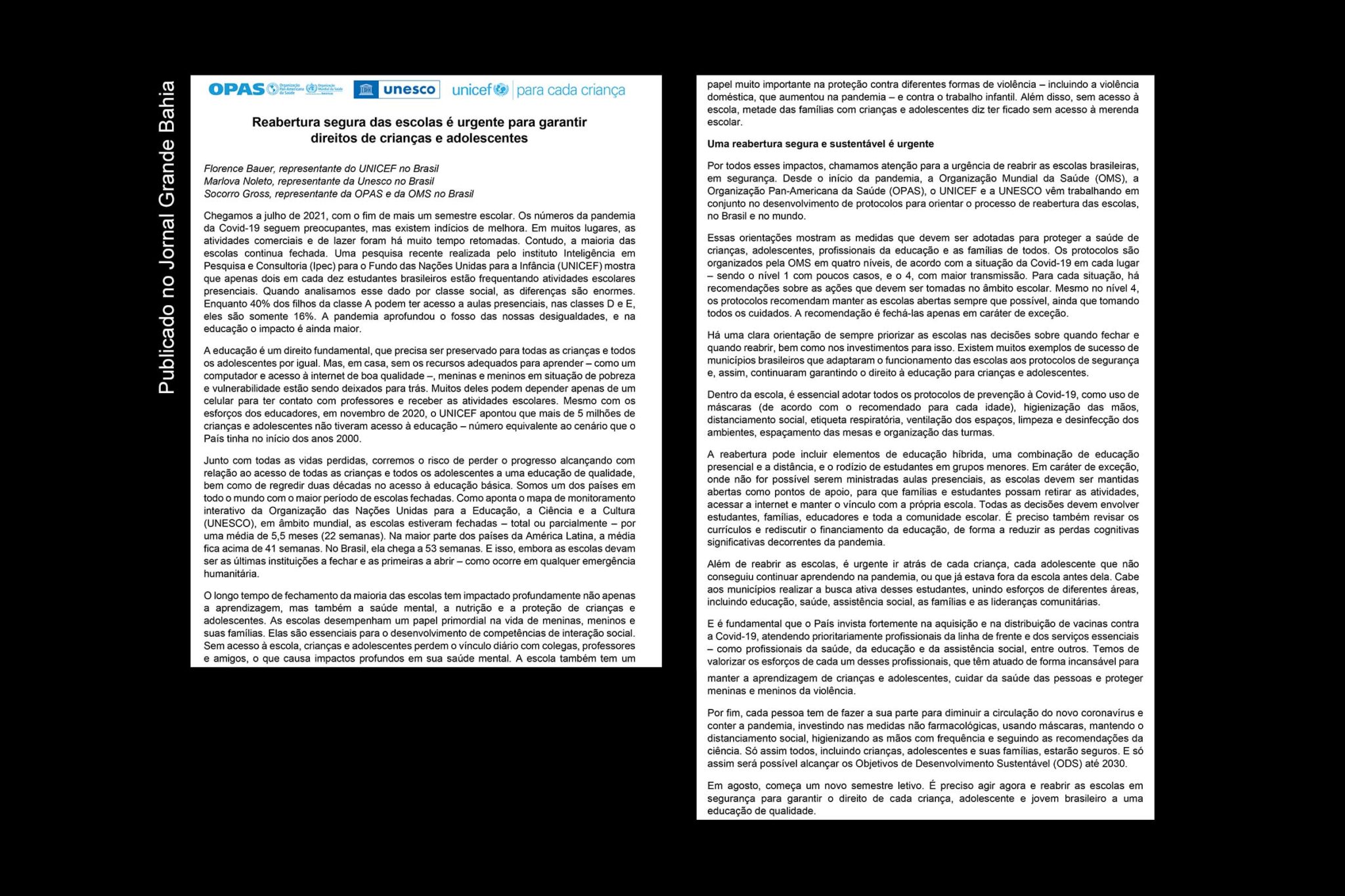 Manifesto da Unesco pela reabertura segura das escolas do Brasil.