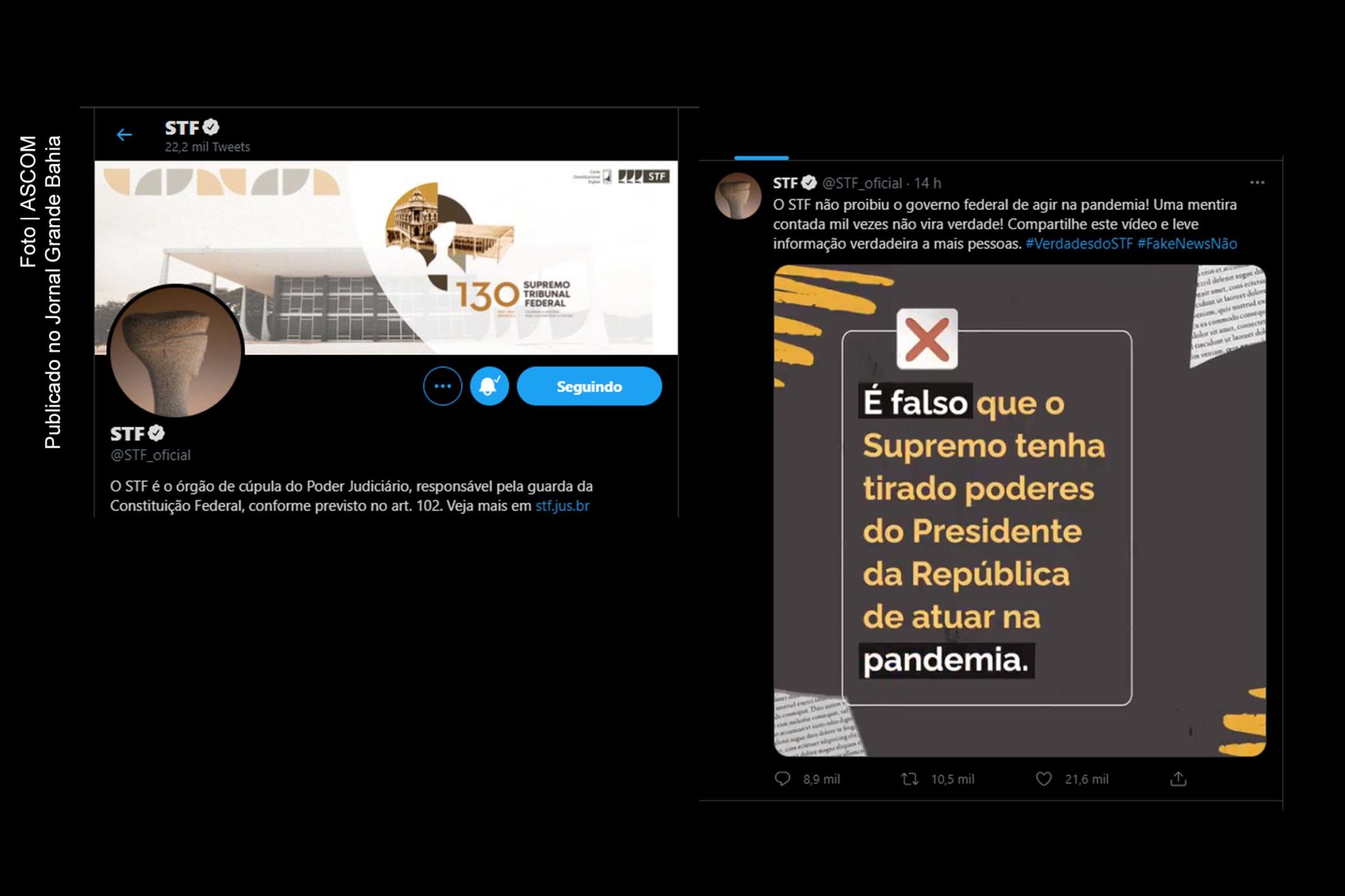 “O STF não proibiu o governo federal de agir na pandemia! Uma mentira contada mil vezes não vira verdade!”, registra publicação no Twitter realizada pela Suprema Corte do Brasil contra as declarações feitas pelo extremista Jair Bolsonaro.
