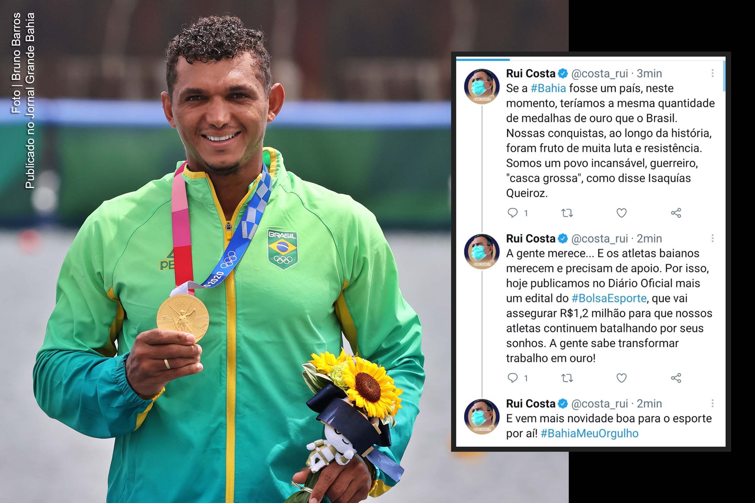 Rui Costa comemora vitória do baiano Isaquias Queiroz com a conquista da medalha de ouro na canoagem de velocidade dos Jogos Olímpico de Tóquio. Governador destaca que o Valor do Bolsa Esporte da Bahia de 2021 representa o dobro da edição anterior, e pode atender até 139 esportistas durante 12 meses, com possibilidade de renovação por igual período.
