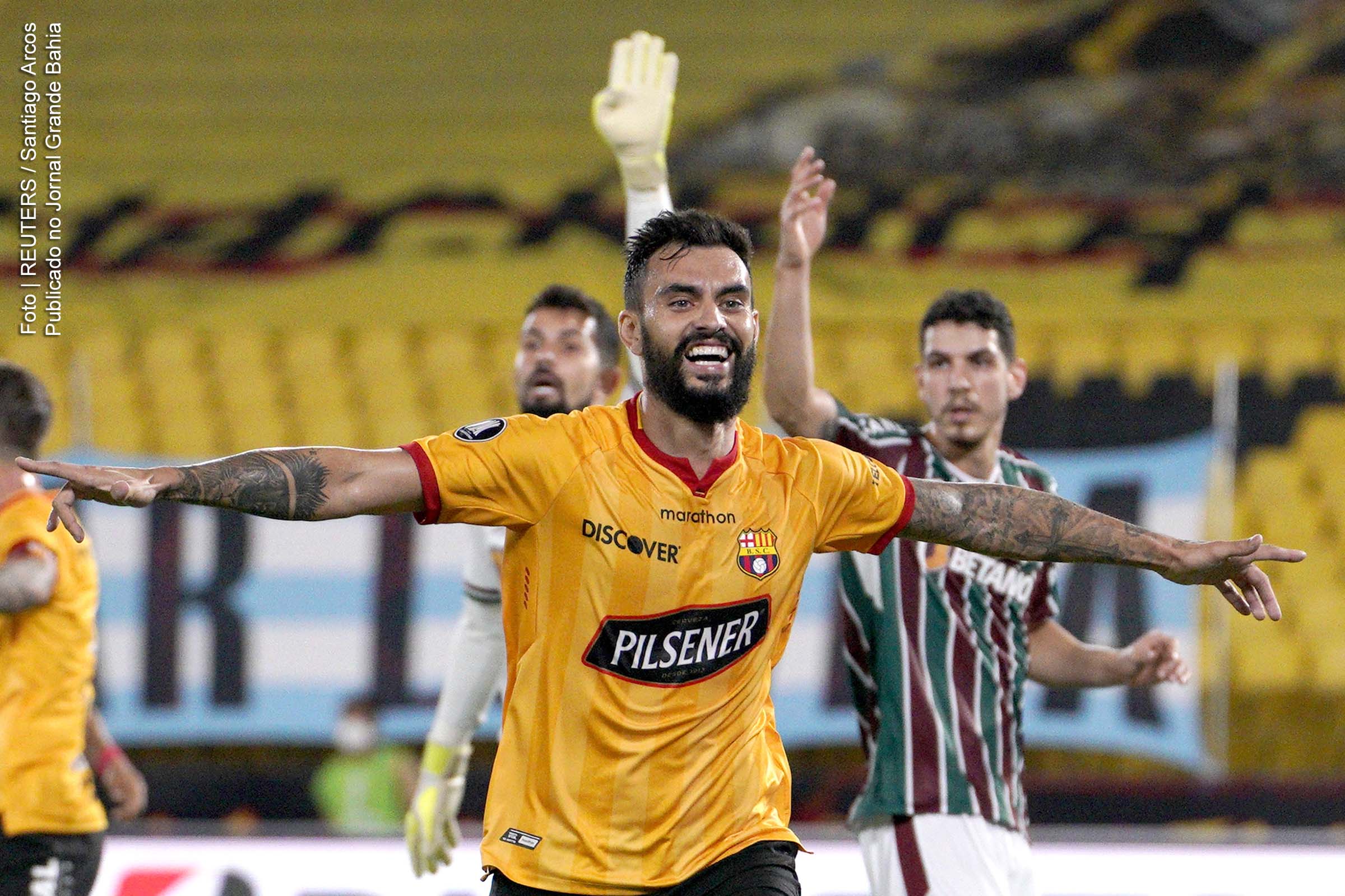 Jogador do Barcelona Gonzalo Mastriani Barcelona comemora primeiro gol nas quartas de final da Copa Libertadores contra o Fluminense, no Estádio Monumental, Guayaquil, Equador em 19 de agosto de 2021.