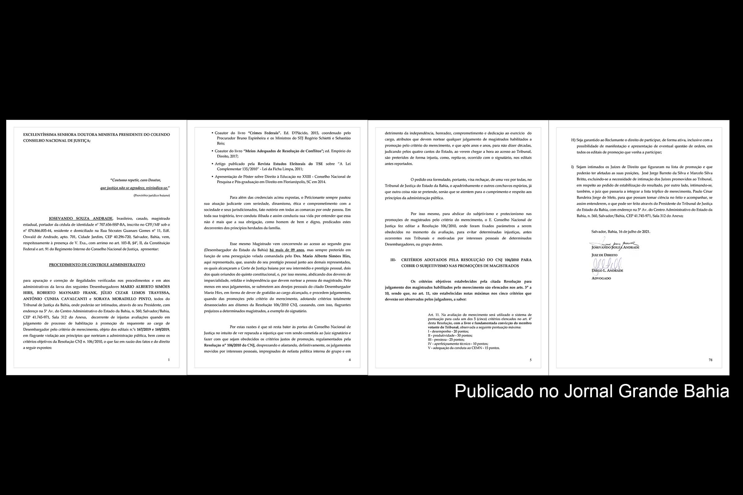 Dossiê Verdade: Juiz Josevando Andrade representa no CNJ contra desembargador do TJBA Mário Hirs e outros por possível violação de princípios da administração pública e promoção de atos persecutórios