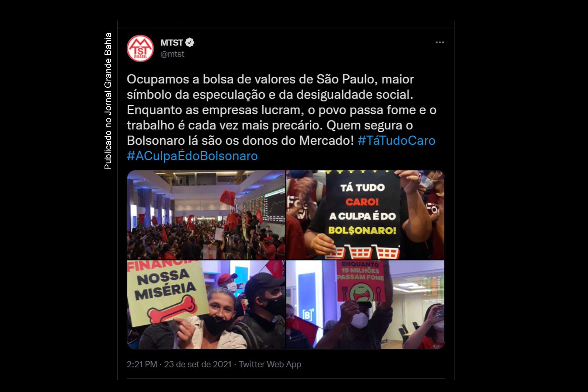 Liderados pelo MTST, manifestantes protestam contra inflação e desemprego e responsabilizam governo Bolsonaro pela crise. Prédio da Bolsa de Valores em São Paulo (B3) foi escolhido por ser "símbolo da desigualdade social". "Enquanto as empresas lucram, o povo passa fome", afirmam ativistas.