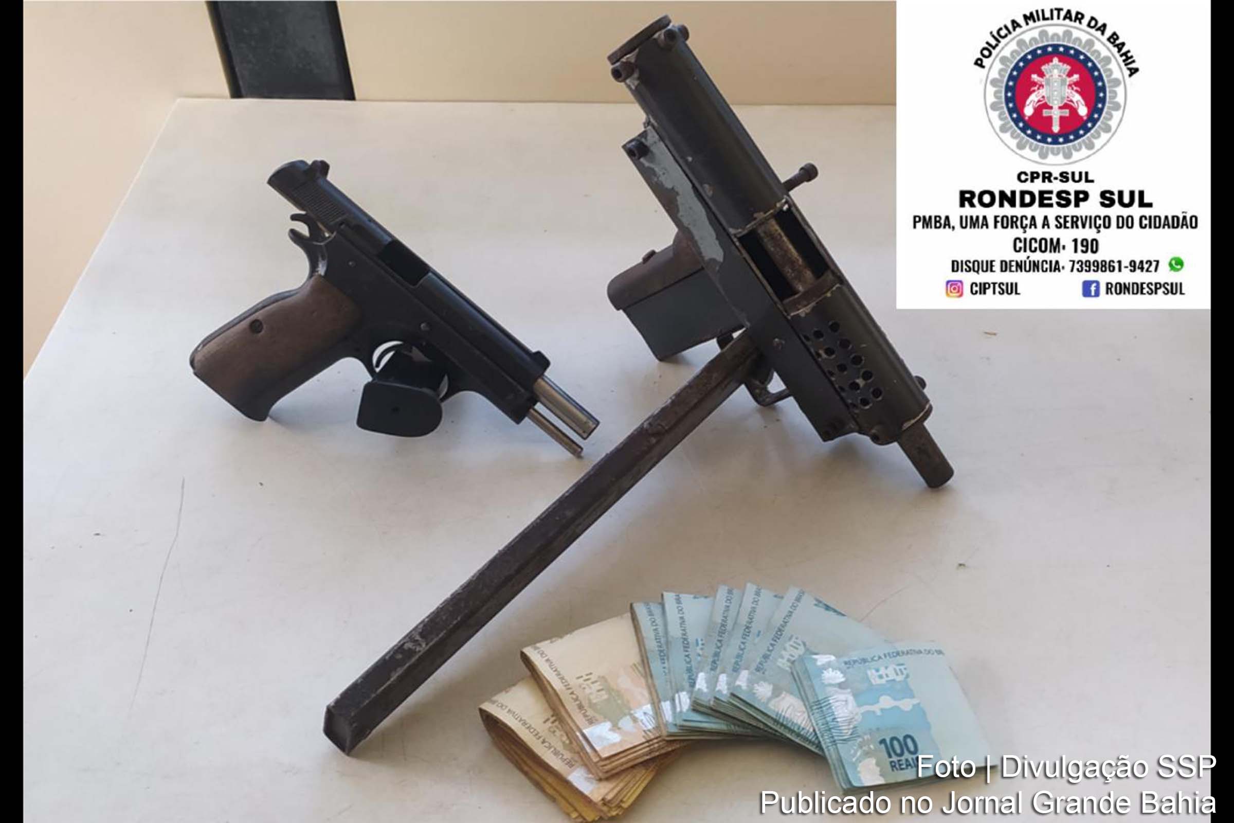 Policiais apreenderam 8 mil reais em dinheiro, uma pistola e uma submetralhadora.