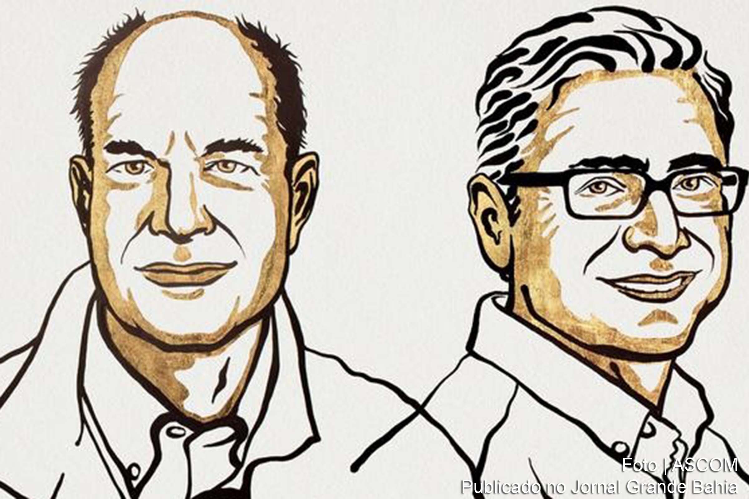 Caricatura mostra premiados com o Nobel de Medicina, David Julius -e - e Ardem Patapoutian -d. Biólogos moleculares descobriram como calor, frio e força mecânica podem iniciar impulsos nervosos no corpo humano. Para Comitê do Nobel, essas respostas sensoriais são cruciais para sobrevivência.