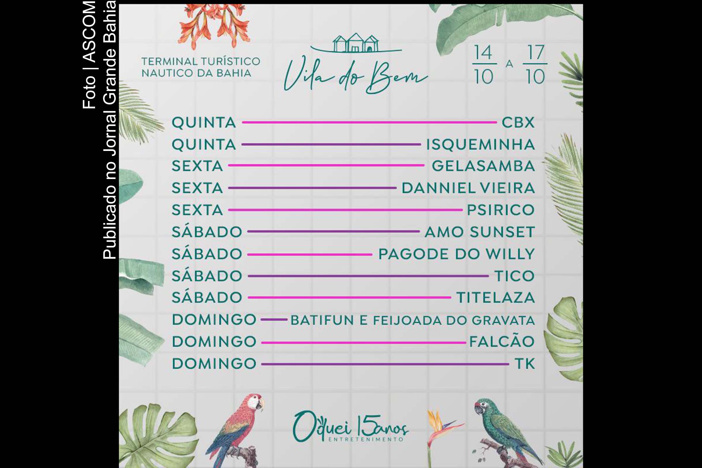 Cartaz anuncia programação de shows da Vila do Bem. Apresentações ocorrem entre os dias 14 e 17 de outubro de 2021, em Salvador.