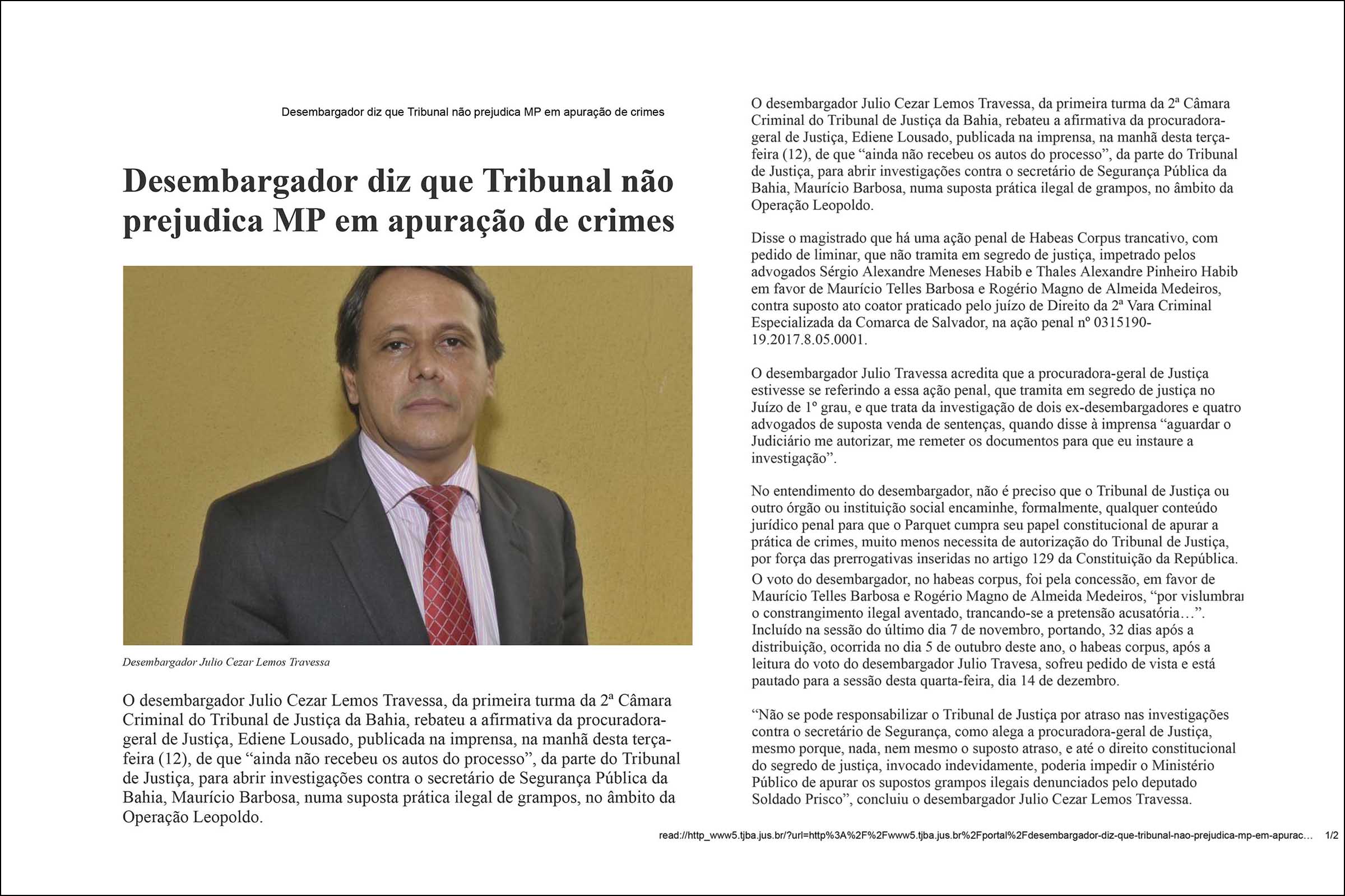 Desembargador do TJBA Julio Travessa promove assédio judicial contra o Jornal Grande Bahia e o jornalista e cientista social Carlos Augusto