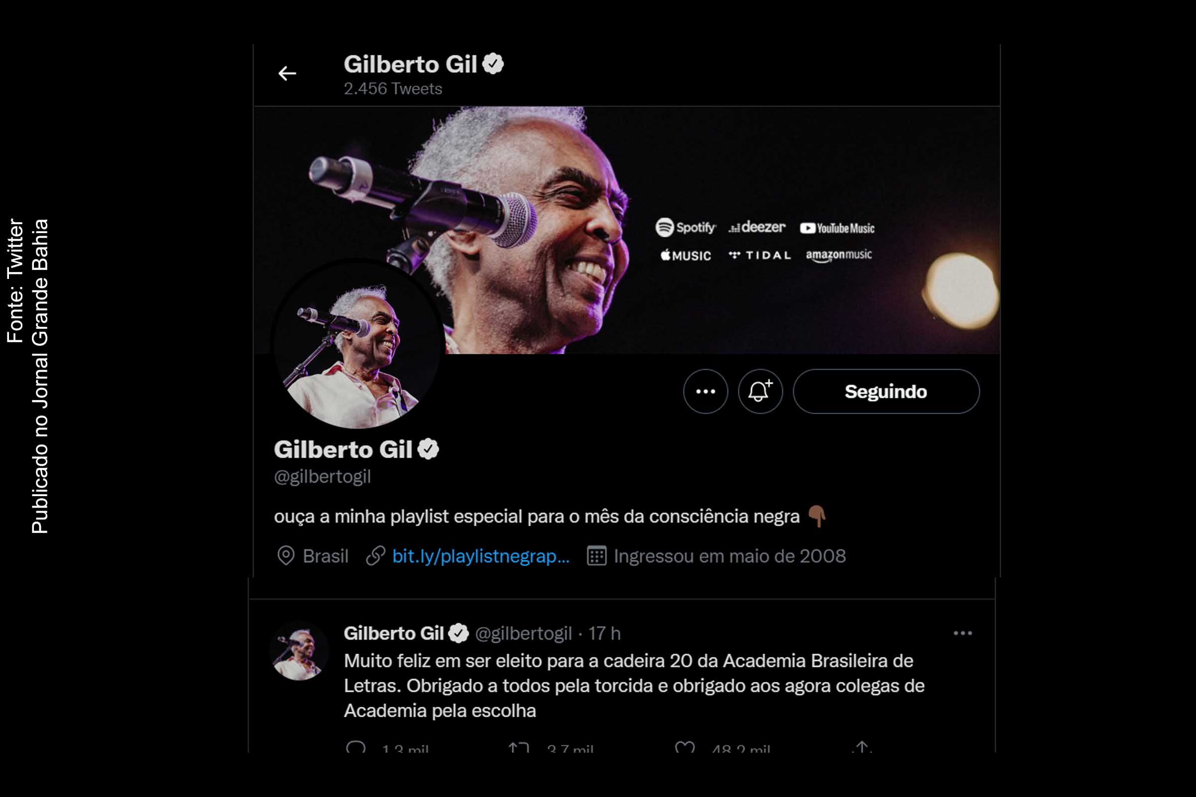 Gilberto Gil nasceu em Salvador em 1942 e é um dos músicos mais conhecidos do Brasil. Cantor de 79 anos cuja carreira se confunde com a história da música brasileira foi eleito para a cadeira de número 20 da Academia Brasileira de Letras. Ele é o segundo negro na atual composição da ABL.