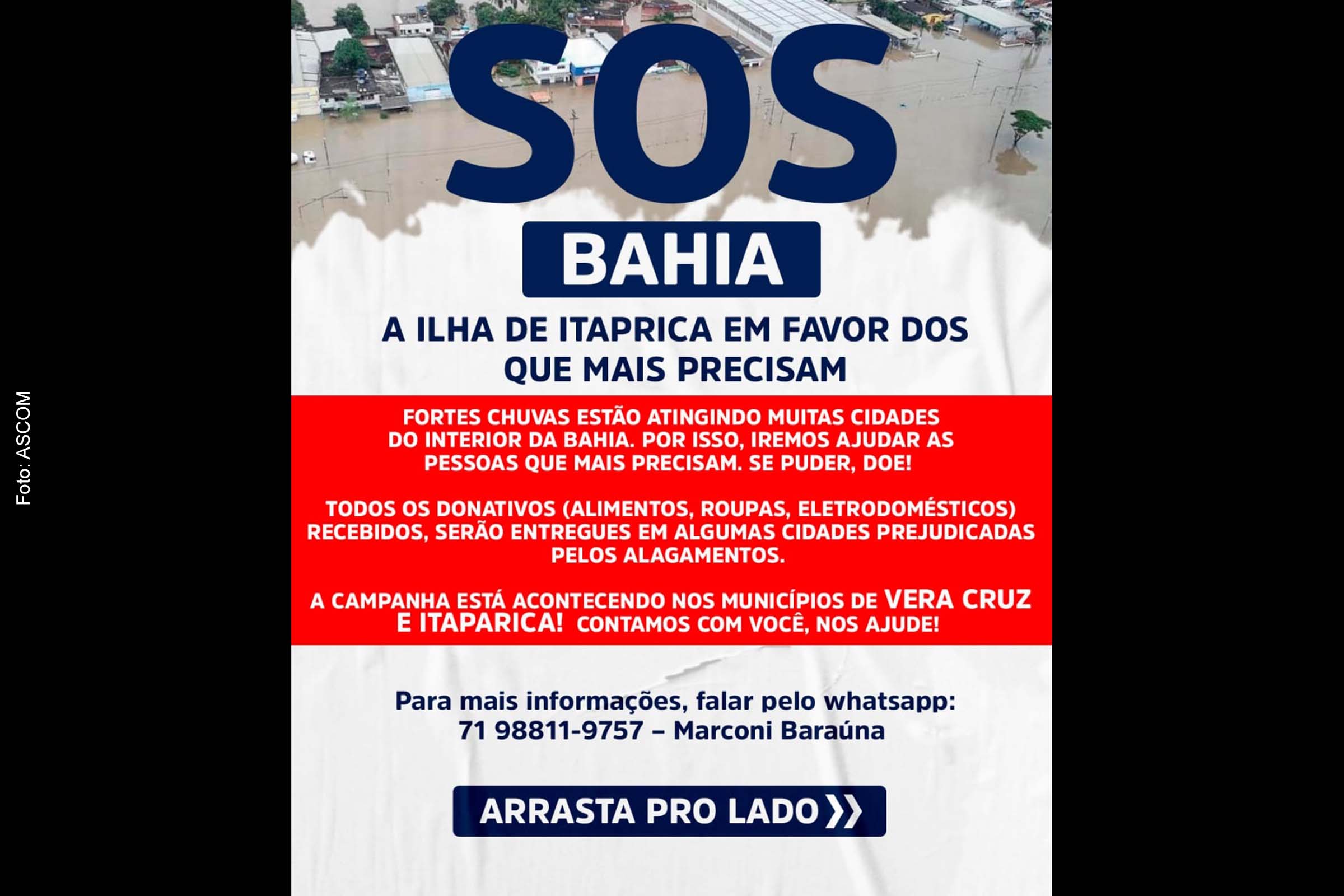 Cartaz anuncia campanha de arrecadação de itens para famílias desamparadas no Sul da Bahia.