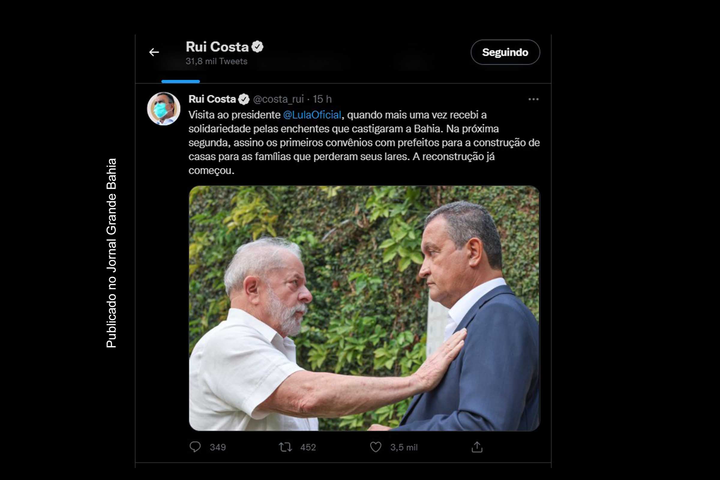 Ex-presidente Luiz Inácio Lula da Silva (PT) e o governador Rui Costa (PT) mantiveram encontro nesta sexta-feira (14/01/2022).