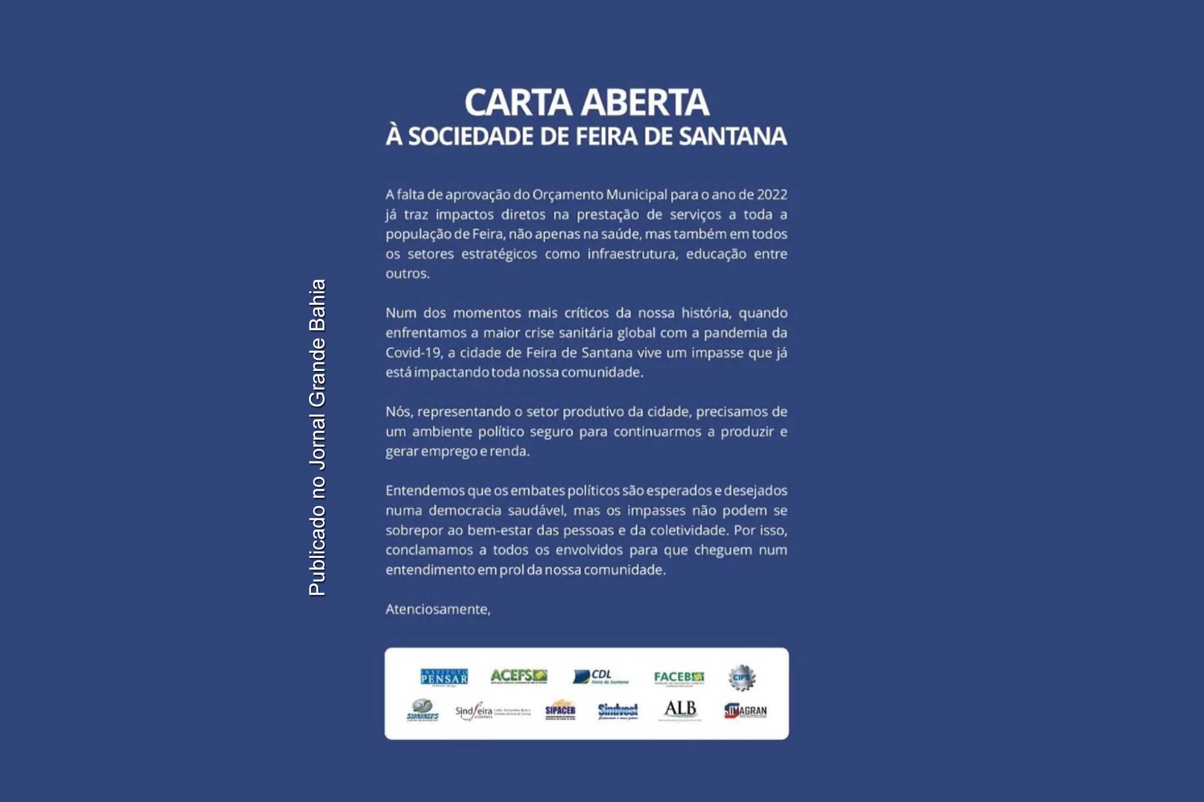 Em ‘Carta aberta à sociedade de Feira de Santana’, 11 entidades apresentam um vazio de valores éticos.