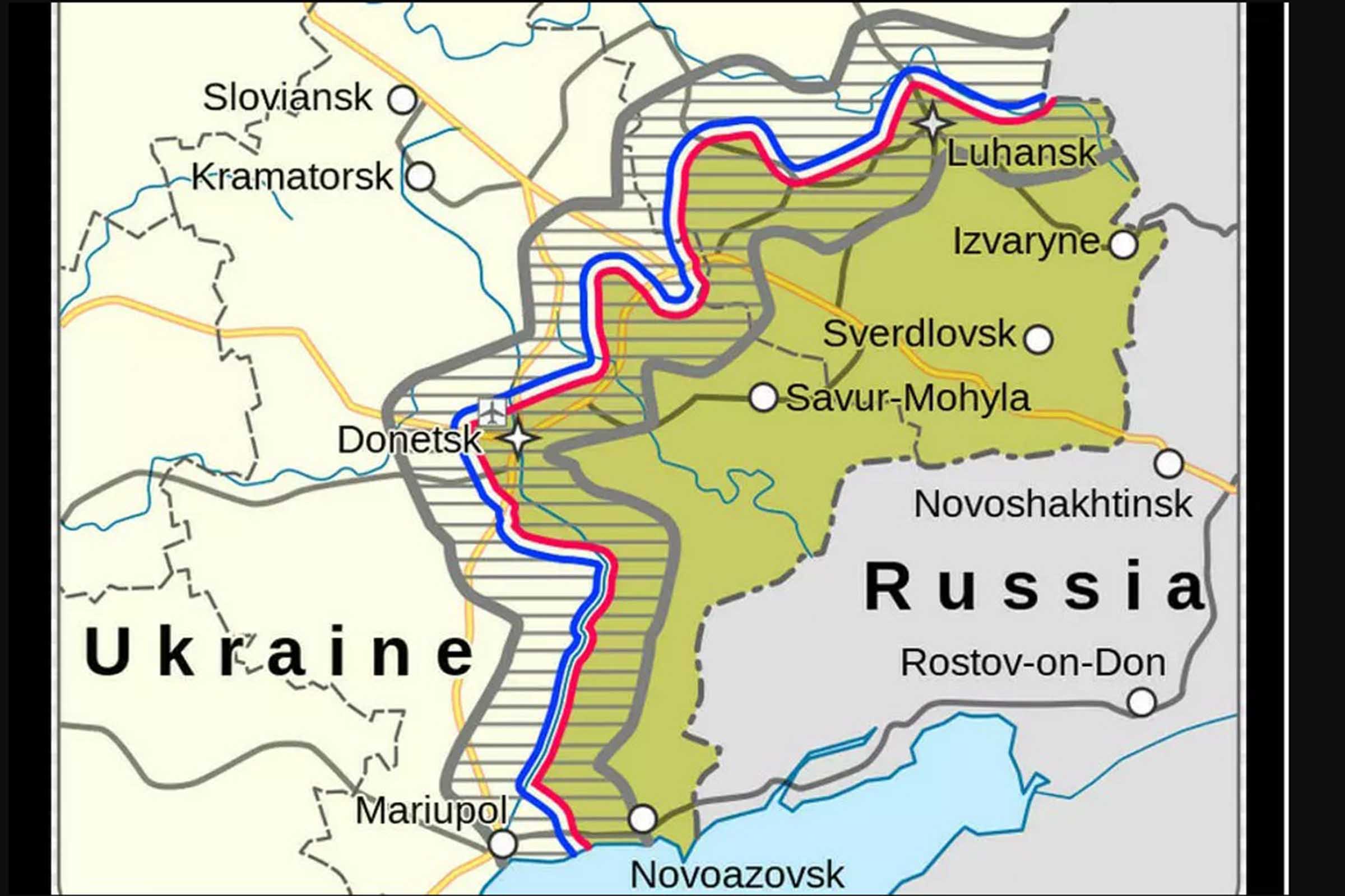 Mapa delimita Região de Donbass, situada na fronteira entre a Ucrânia e a Rússia.