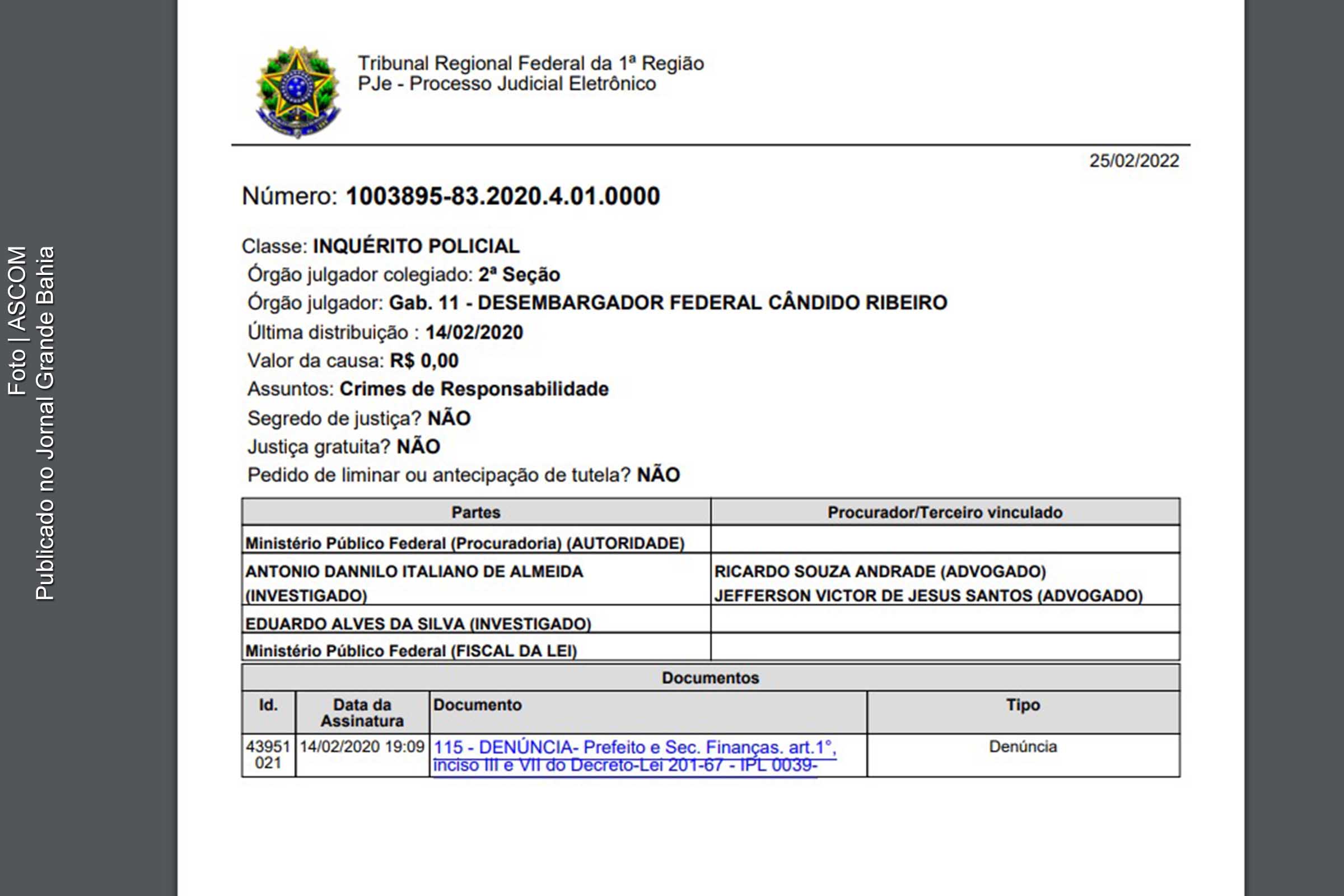 TRF1 aceita denúncia do MPF contra prefeito Antônio Danillo Italiano de Almeida e ex-prefeito Eduardo Alves de Nova Itarana por desvio de verbas da Educação.