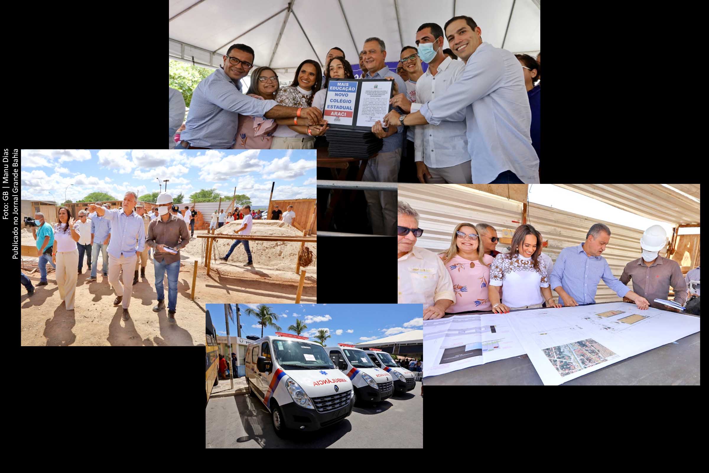 Governador Rui Costa autoriza licitação para obras de abastecimento de água e urbanização em Araci e inspeciona terreno onde será construído novo estádio, e obras da nova unidade da Polícia Militar e Civil.