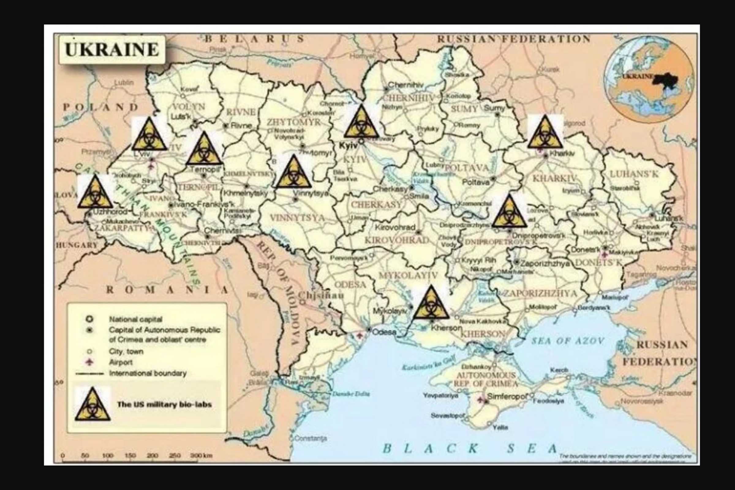 Mapa mostra a localização de laboratórios biológicos dos Estados Unidos na Ucrânia.
