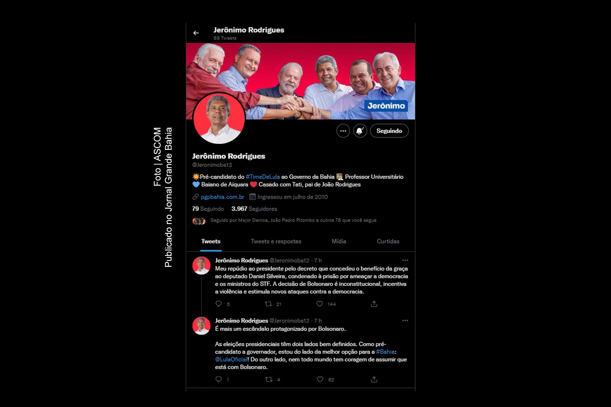 Pré-candidato ao governo da Bahia, Jerônimo Rodrigues (PT) critica presidente Jair Bolsonaro por perdão presidencial concedido ao aliado de extrema direita Daniel Silveira, deputado federal (PTB-RJ).