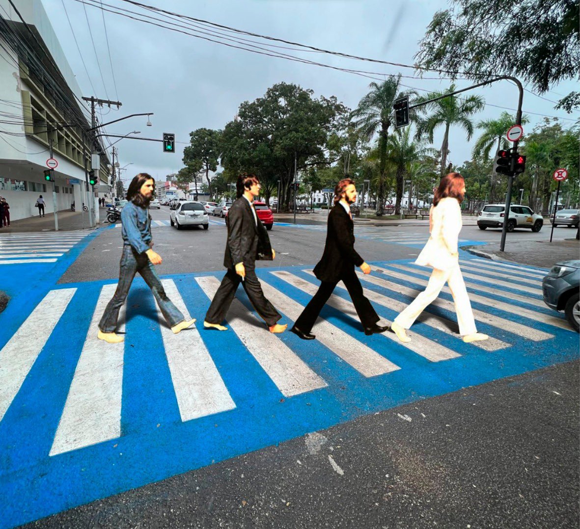 A icônica foto dos Beatles atravessando a faixa de pedestres, não na Abbey Road, e sim a ‘faixa azul’ do prefeito Bocalom, em Rio Branco - Acre