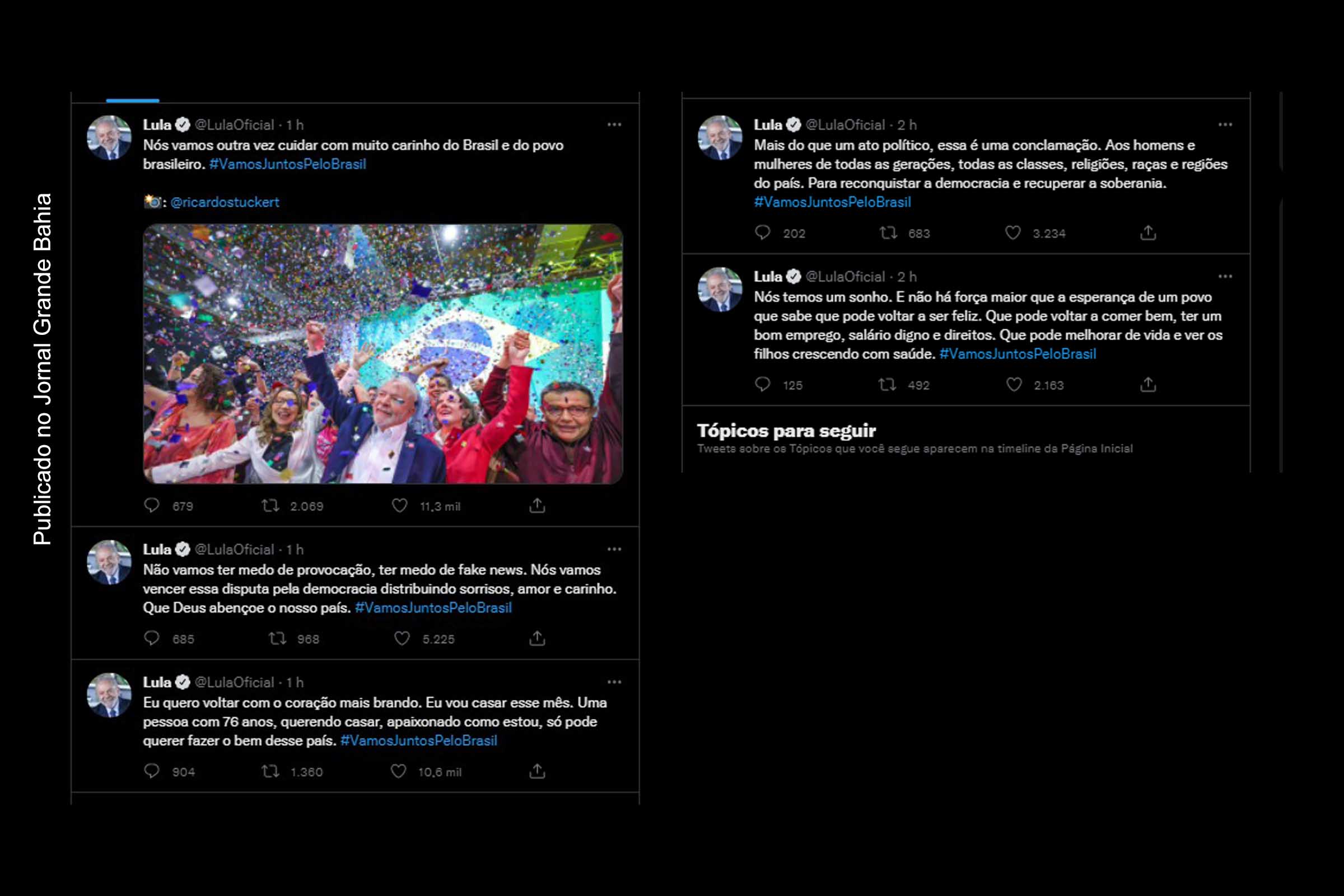 Lula: Nós temos um sonho. E não há força maior que a esperança de um povo que sabe que pode voltar a ser feliz. Que pode voltar a comer bem, ter um bom emprego, salário digno e direitos. Que pode melhorar de vida e ver os filhos crescendo com saúde.