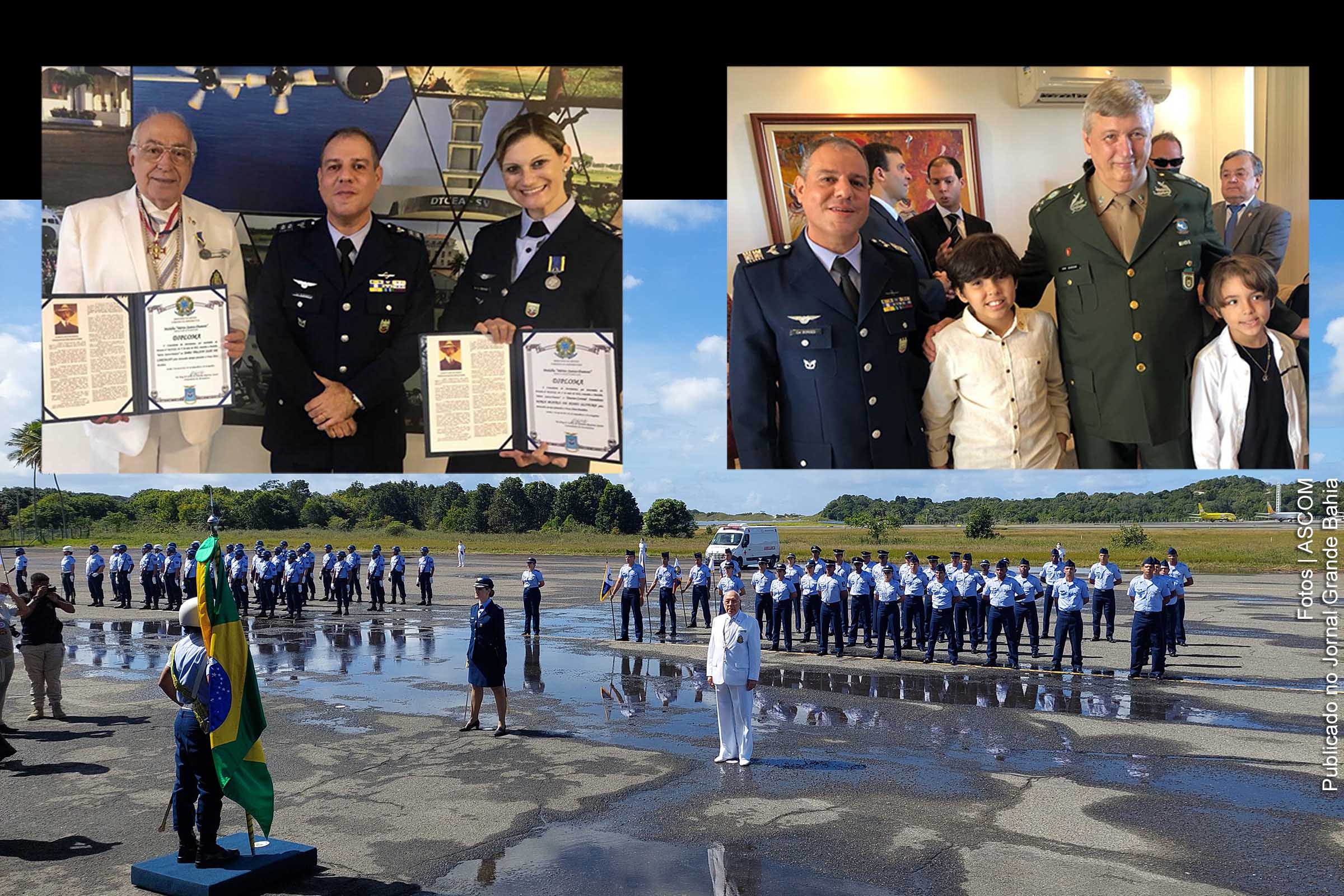 Em nome da FAB, o coronel aviador Marcello Borges da Costa, comandante da BASV, outorga a Medalha ‘Mérito Santos Dumont’ ao comendador Nelson José de Carvalho e à tenente-coronel Maria Beatriz de Pinho Oliveira.