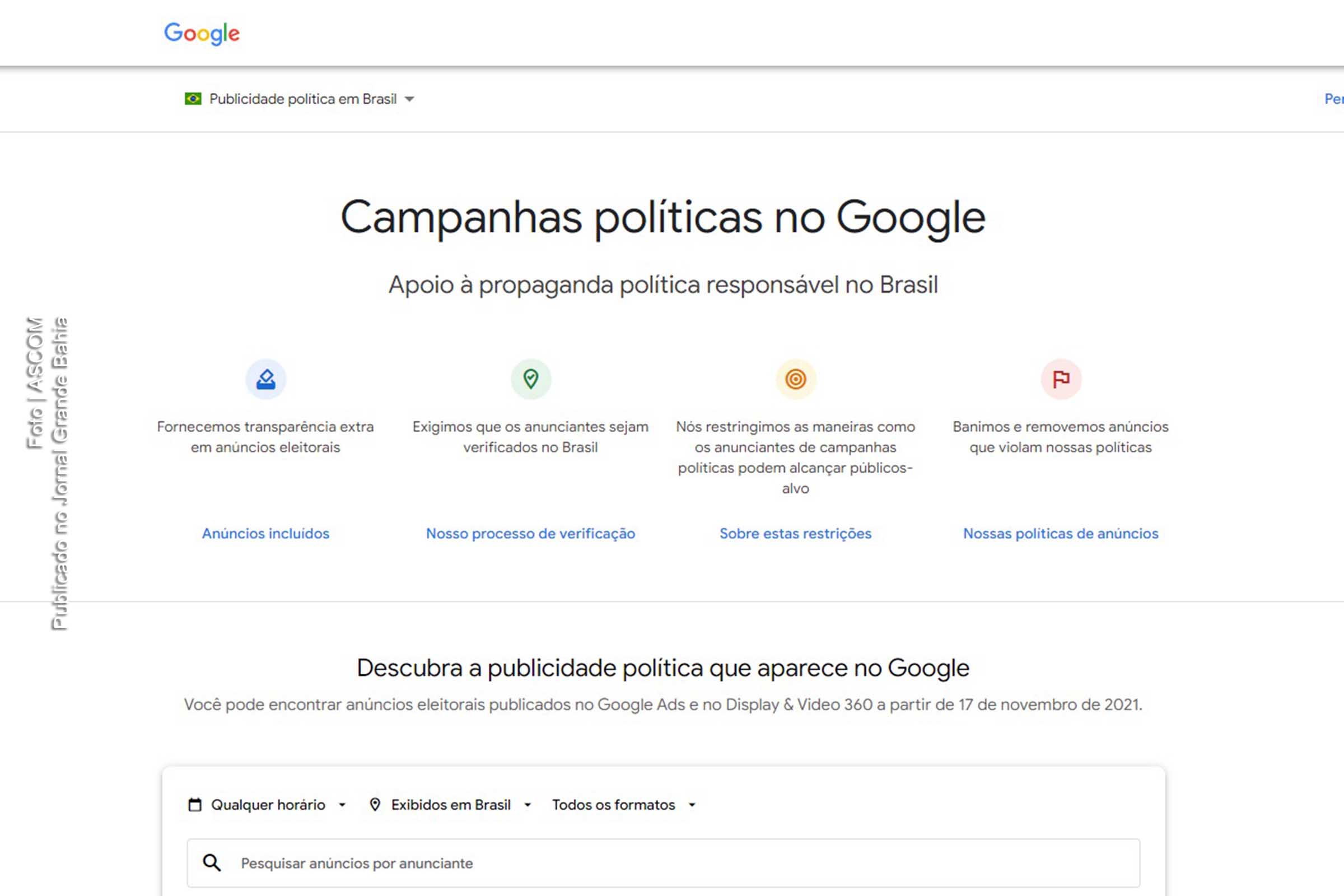 Serviço do Google disponibiliza informações sobre anúncio político nas Eleições 2022.
