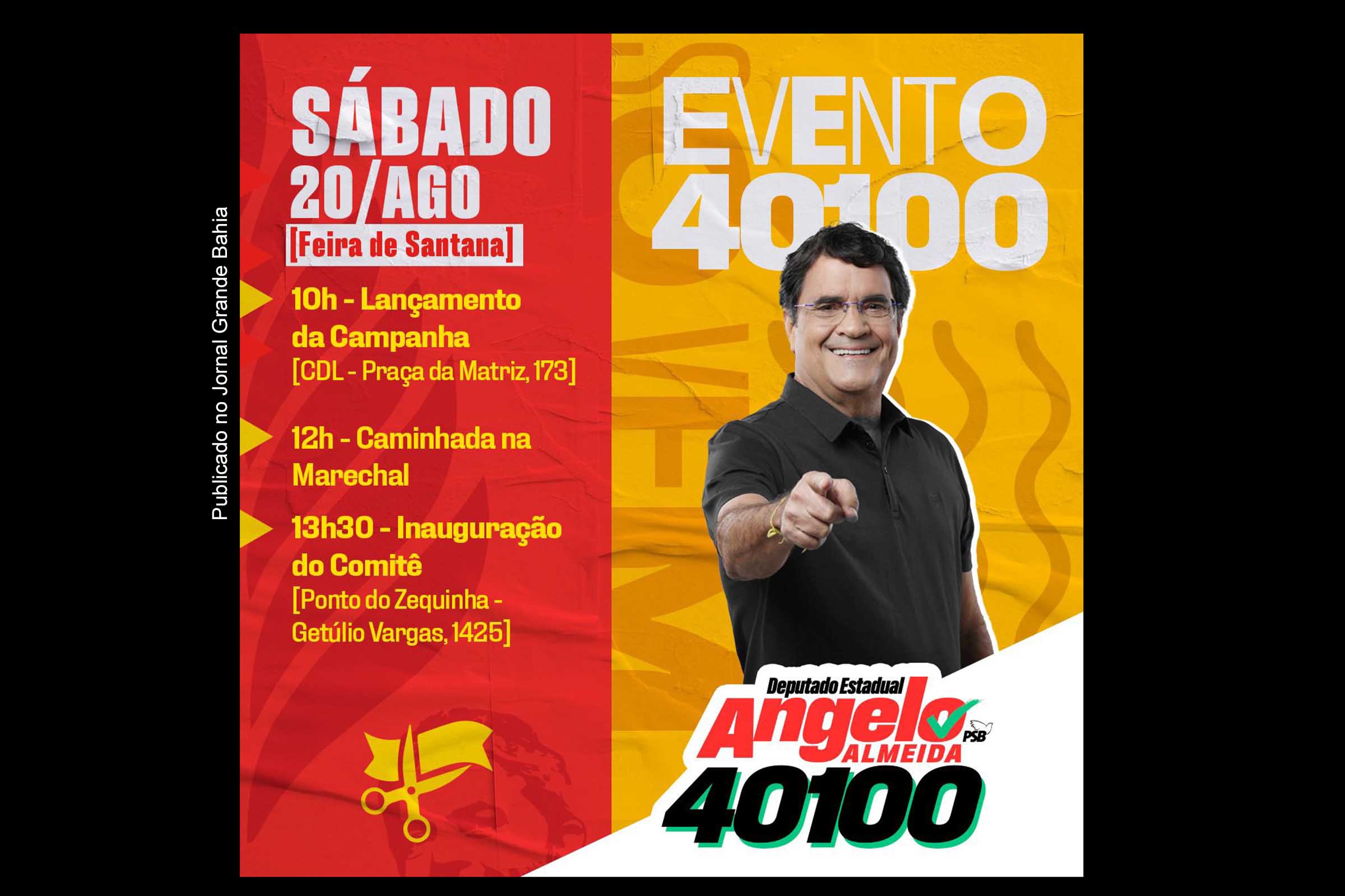 Convite de lançamento oficial da campanha 2022 de reeleição do deputado estadual Angelo Almeida (PSB).