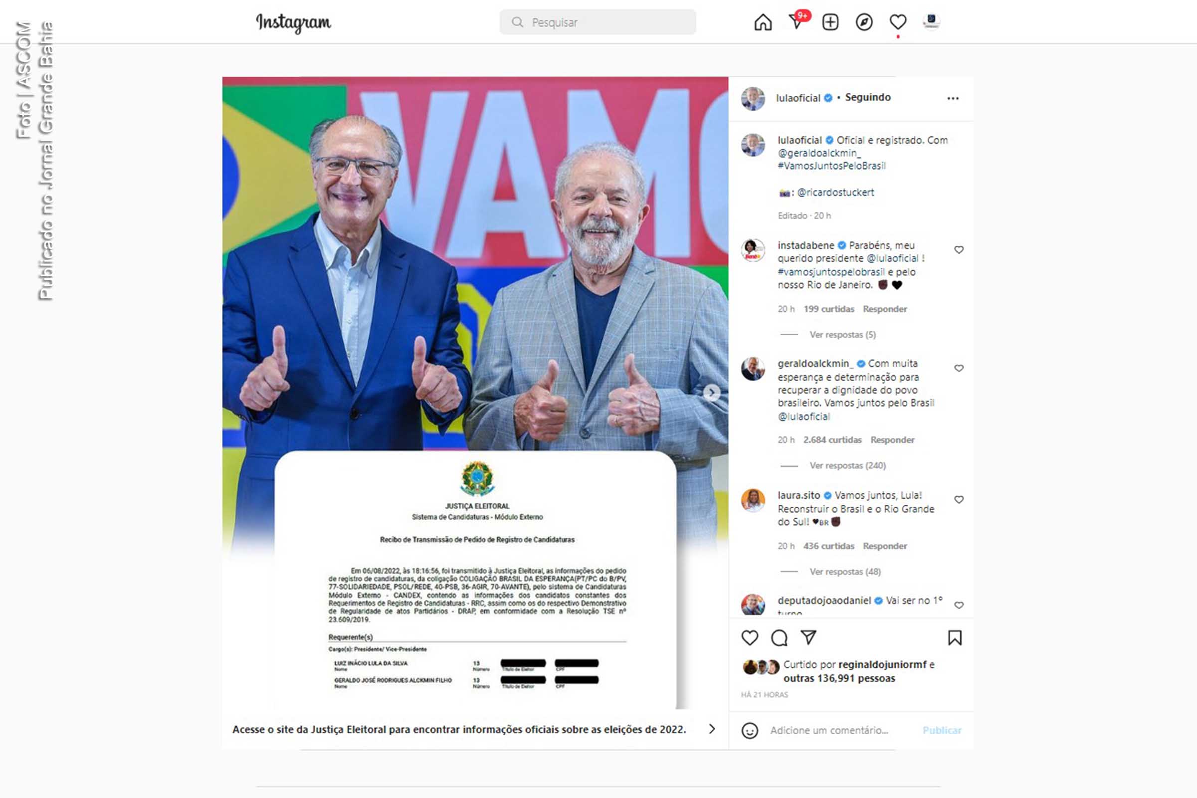 Ex-presidente Lula e ex-governador Geraldo Alckmin são candidatos pela Coligação Brasil da Esperança, formada pelas federações FE BRASIL (PT/PV/PC do B) e PSOL/REDE e pelos partidos PSB, Solidariedade, Avante e Agir.