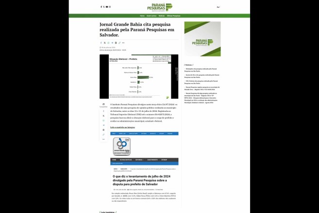 Jornal Grande Bahia cita pesquisa realizada pela Paraná Pesquisas em Salvador.