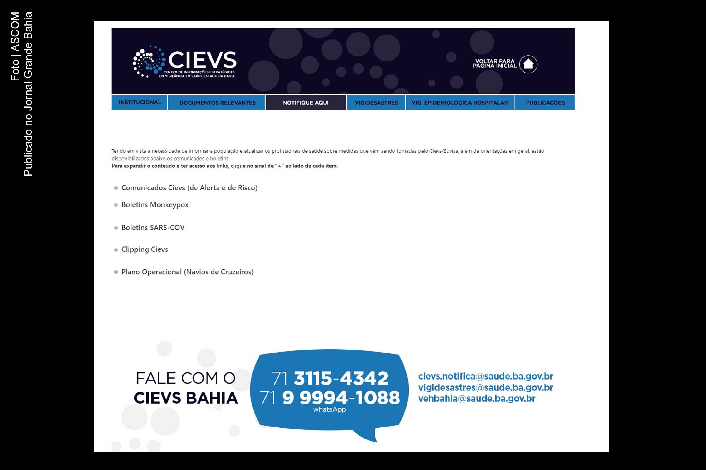 Página do CIEVS na internet apresenta dados sobre casos de Monkeypox na Bahia.