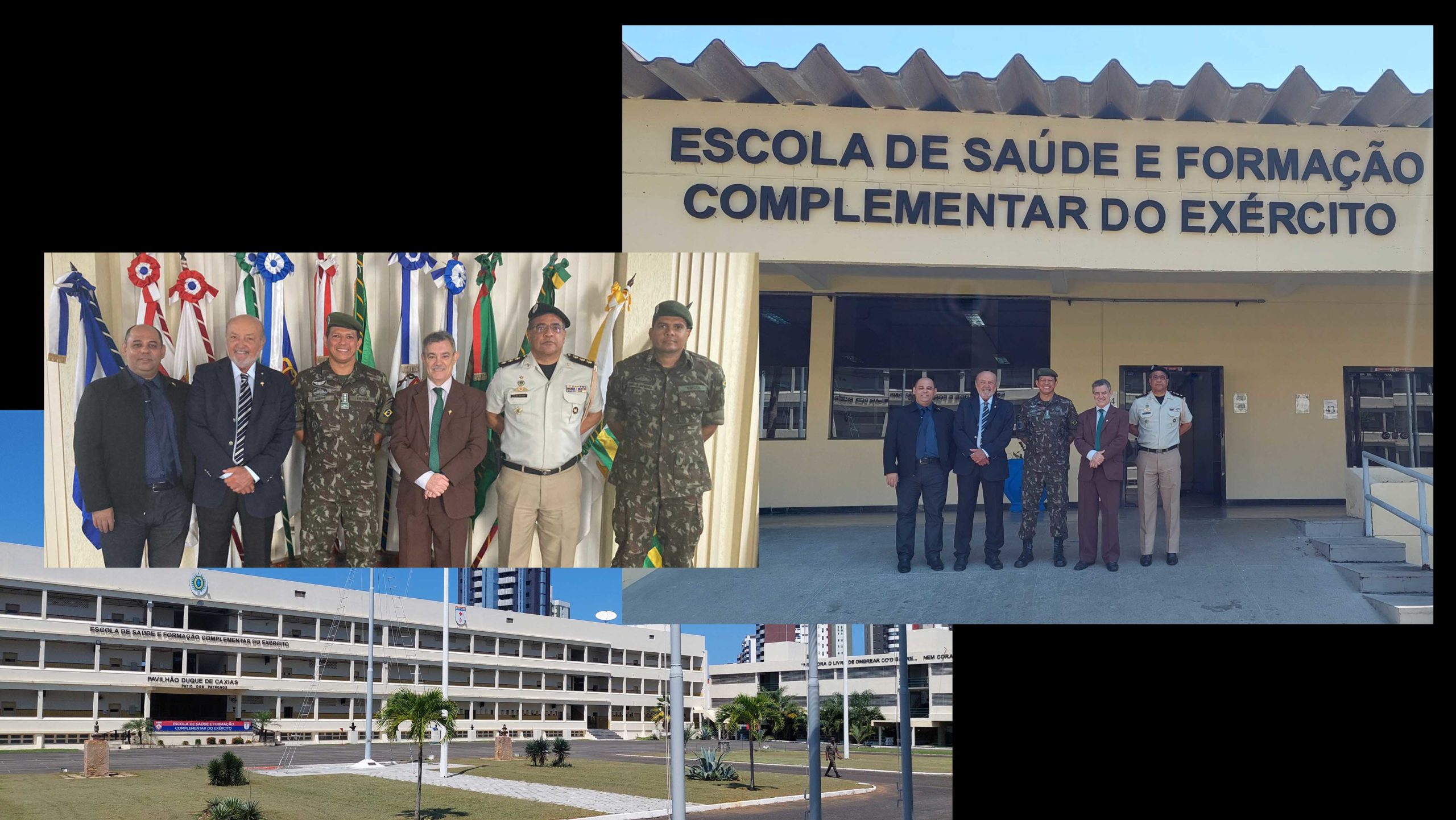 Carlos Augusto, jornalista; Joaci Góes, presidente do IGHB, coronel André Sodré, comandante da ESFCEx; desembargador Baltazar Miranda Saraiva, presidente do GSI do PJBA; coronel da PM Paulo Silveira, chefe do GSI do PJBA; e o major Danilo Mendes, instrutores da ESFCEx.