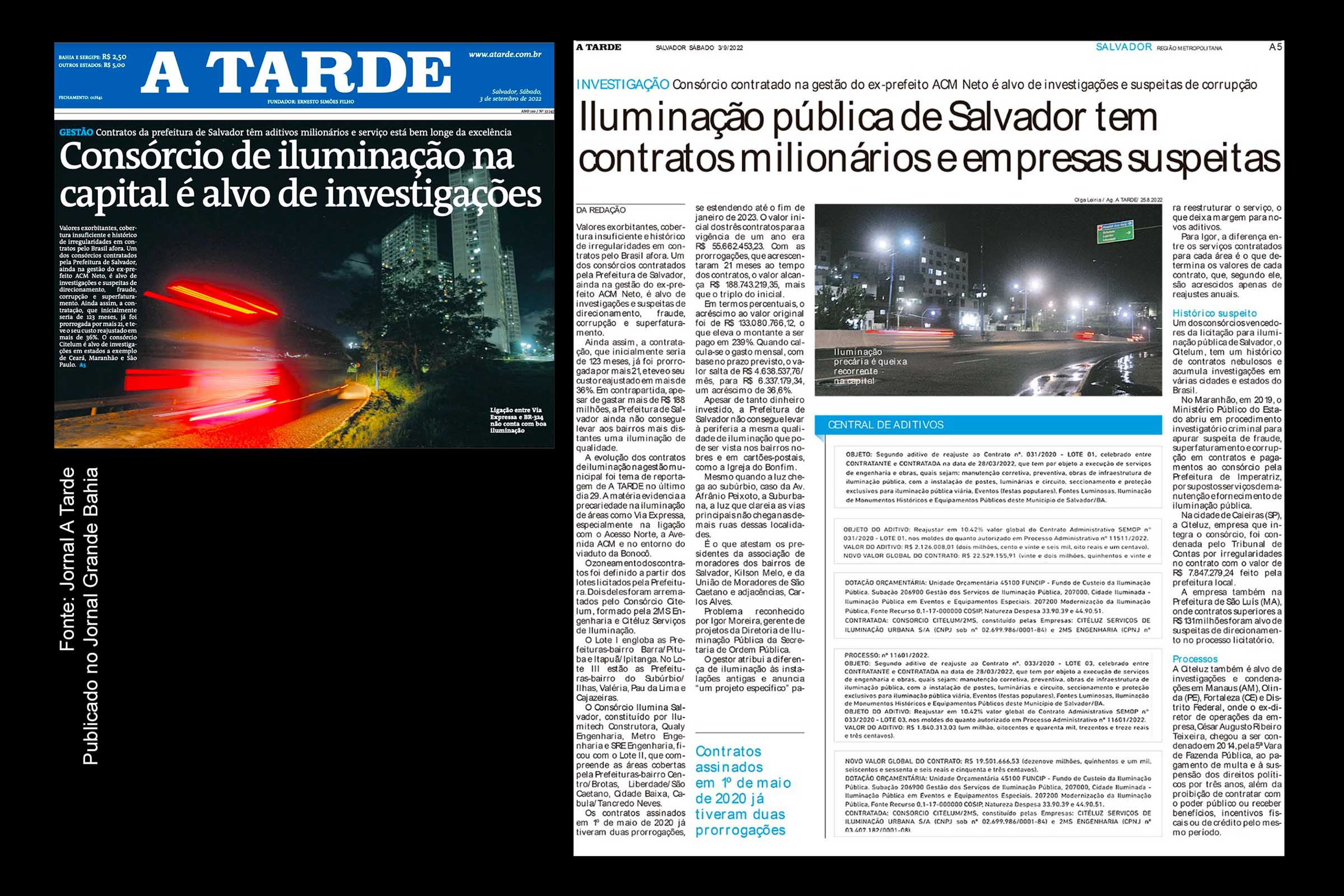 Jornal A Tarde revela possível esquema no setor de iluminação pública da Prefeitura de Salvador envolvendo gestão ACM Neto (UB) quando era prefeito e que, possivelmente, persiste no governo municipal do aliado Bruno Reis (UB).