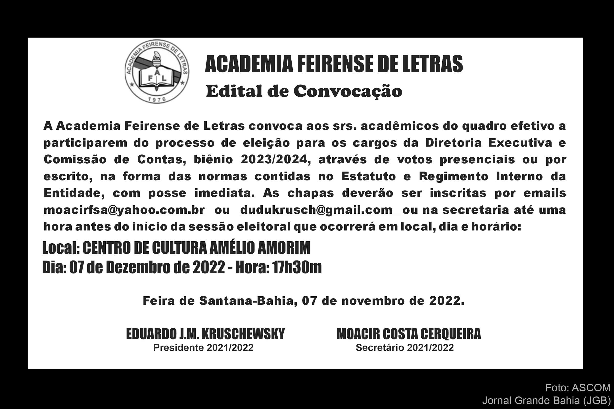 Academia Feirense de Letras emite ‘Edital de Convocação’ para eleição da diretoria do biênio 2023-2024.
