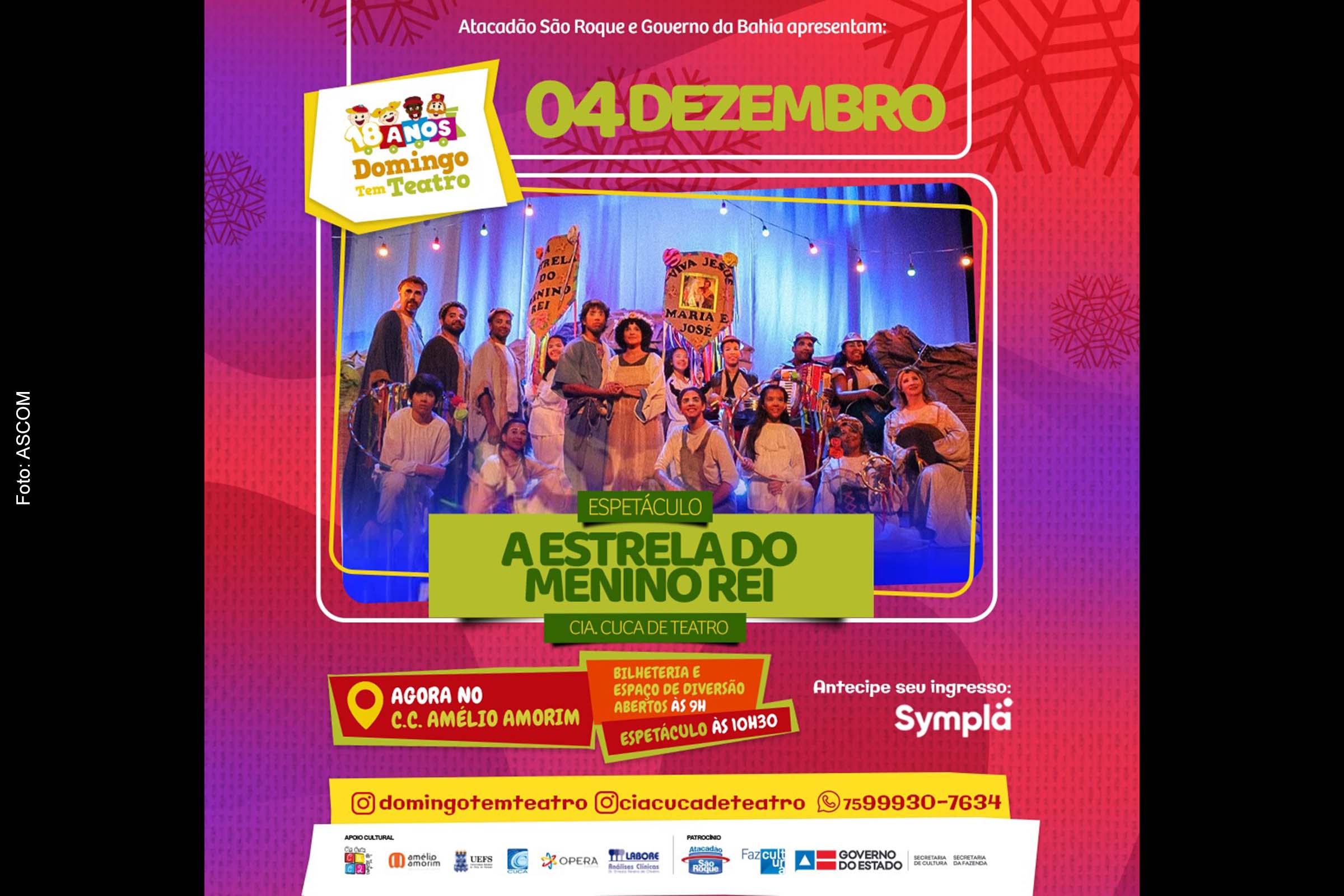 Card divulga o espetáculo 'A Estrela do Menino Rei' no Teatro do Centro de Cultura Amélio Amorim.