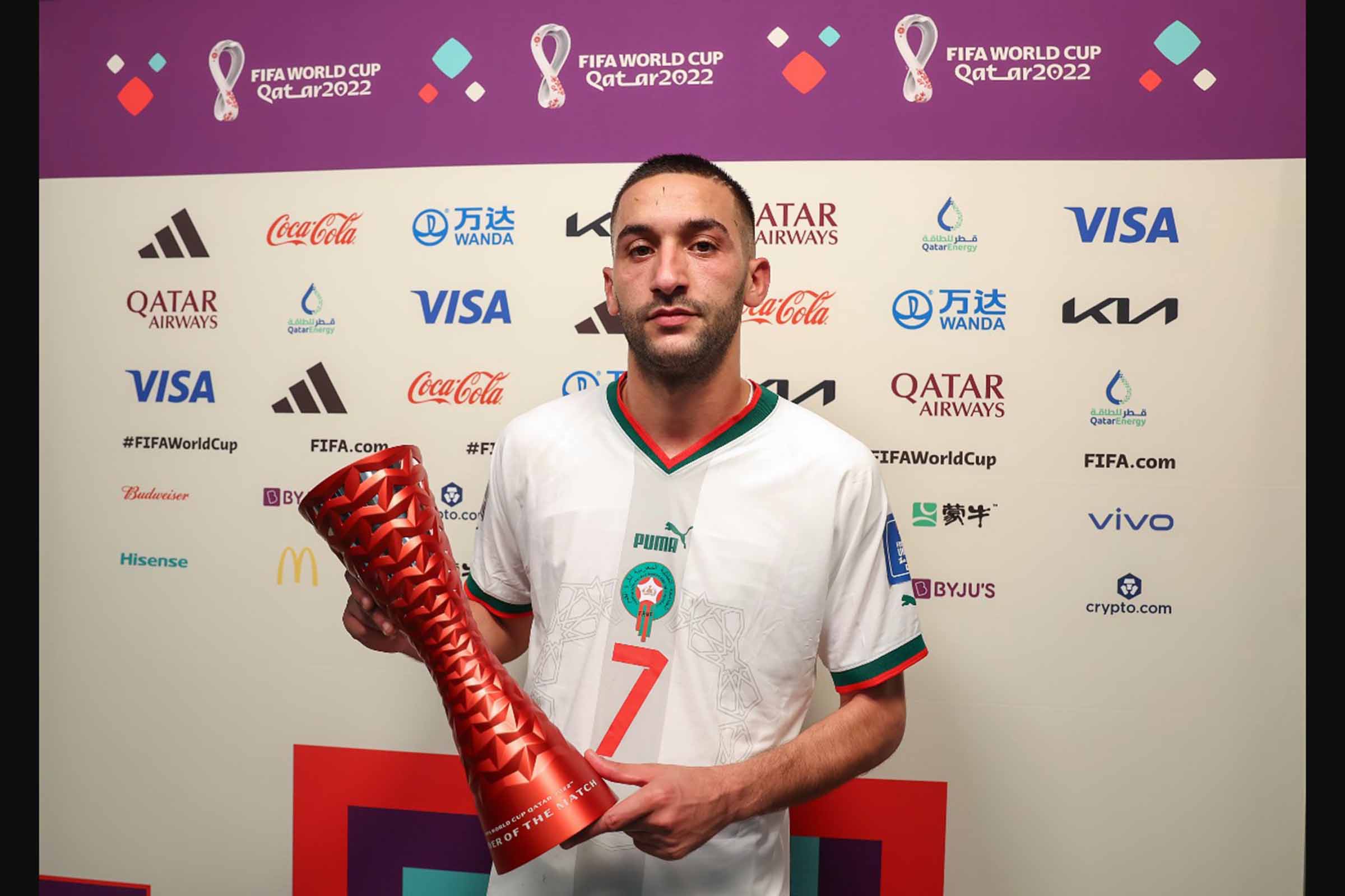 Maestro do ataque do Marrocos, Hakim Ziyech foi eleito pelos torcedores como o melhor jogador de Bélgica x Marrocos.